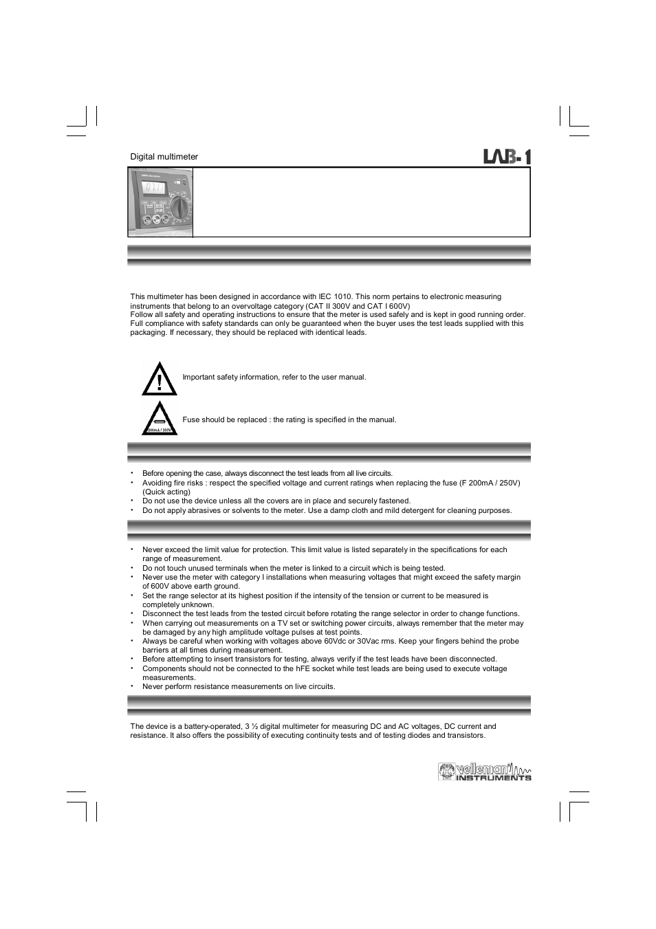 Digital multimeter, Safety maintenance during use description | Velleman LAB1 User Manual | Page 6 / 64