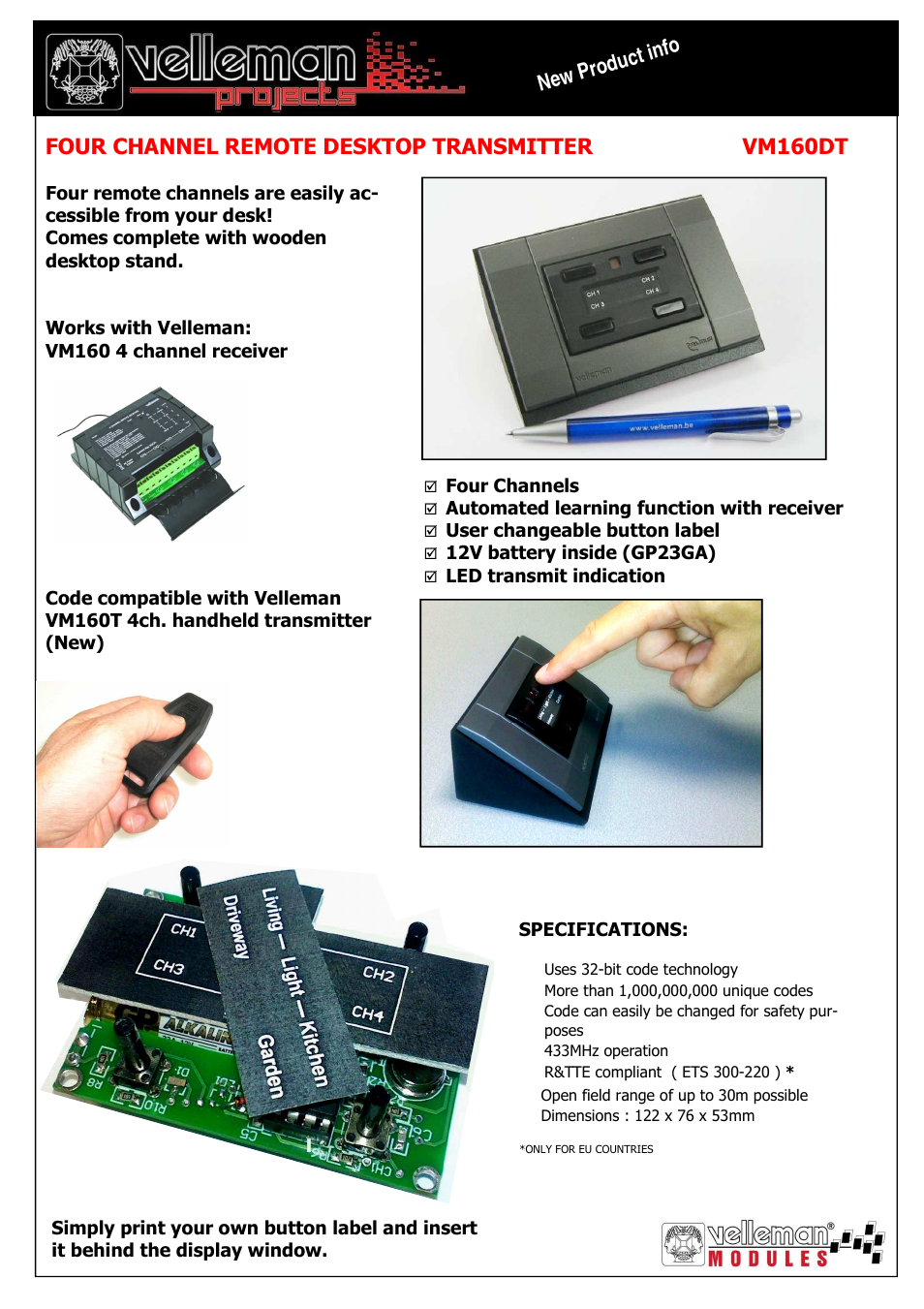 Velleman projects VM160DT Datasheet User Manual | 1 page