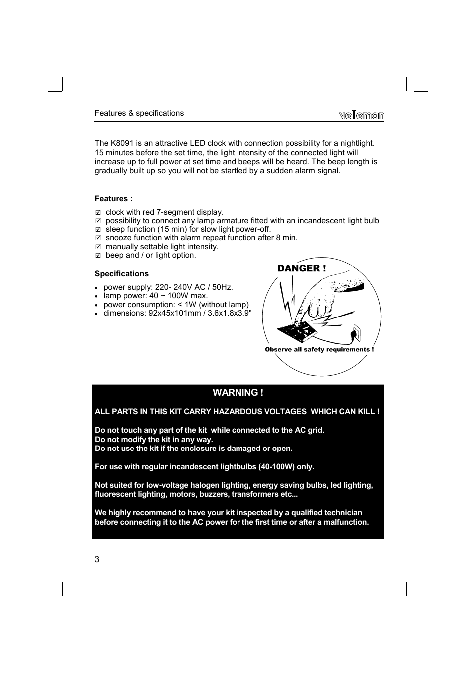 Warning | Velleman К8091 User Manual | Page 3 / 16