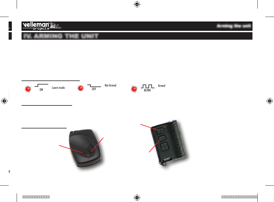 Iv. arming the unit, 12 2 iii. connection diagram, Status indication (ld3) learning a remote | Remote control | Velleman projects K8093 User manual User Manual | Page 11 / 16