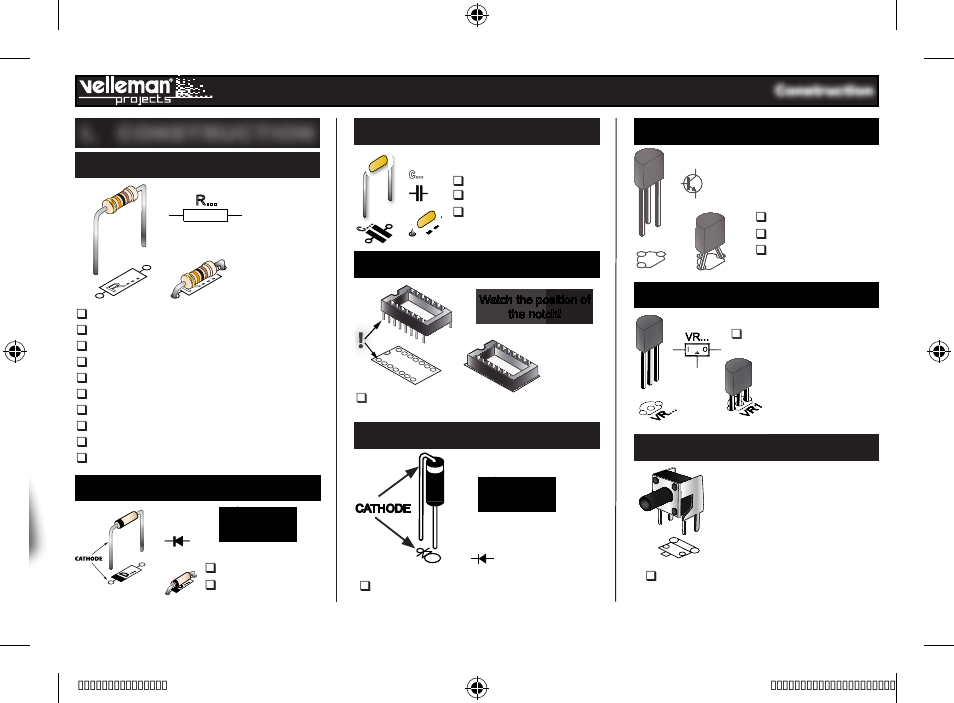 I. construction, Resistors, Ic socket | Ceramic capacitors, Vertical diode, Transistors, Diodes, Tvoltage regulator, Push button | Velleman projects K8093 User manual User Manual | Page 7 / 16