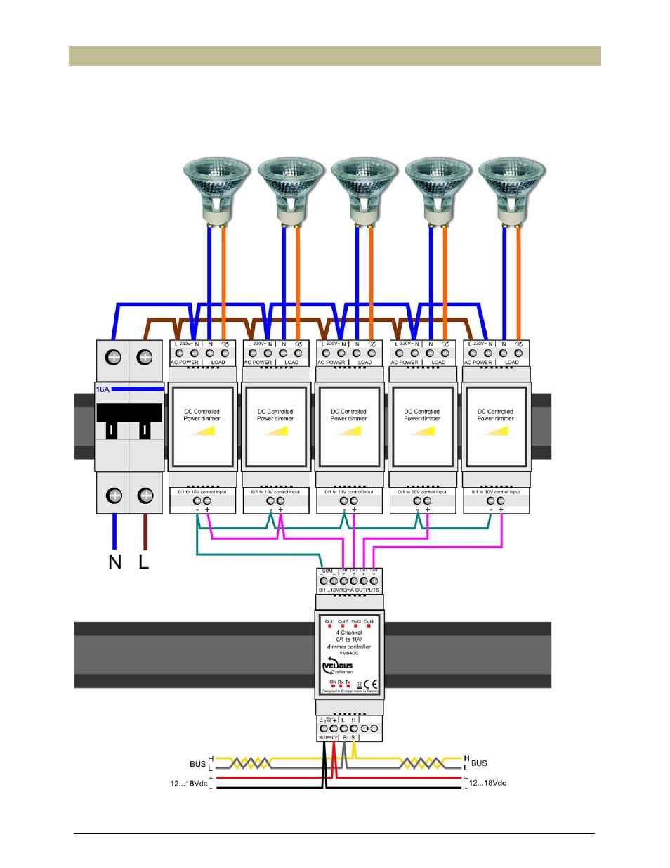 Connection diagram with power dimmers | Velleman VMB4DC User Manual | Page 10 / 18