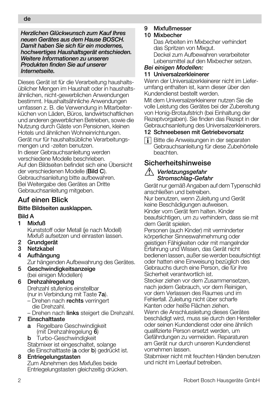 Auf einen blick, Sicherheitshinweise | Bosch MSM 7309 User Manual | Page 2 / 72