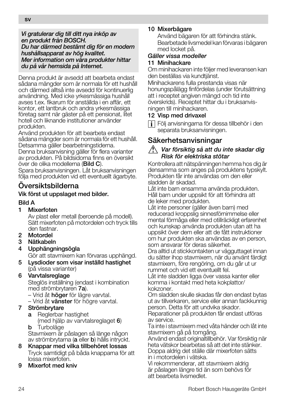 Översiktsbilderna, Säkerhetsanvisningar | Bosch MSM 7309 User Manual | Page 24 / 72