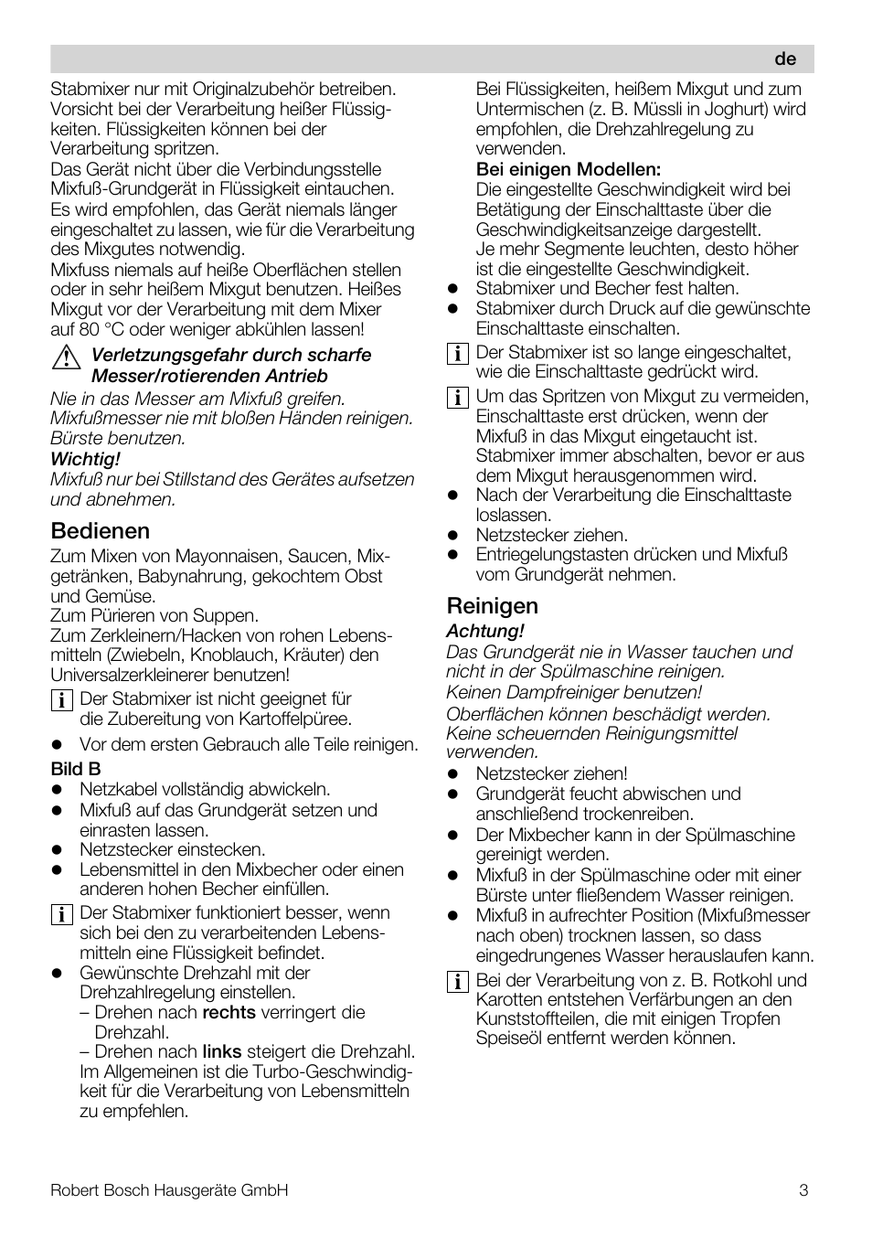 Bedienen, Reinigen | Bosch MSM 7309 User Manual | Page 3 / 72