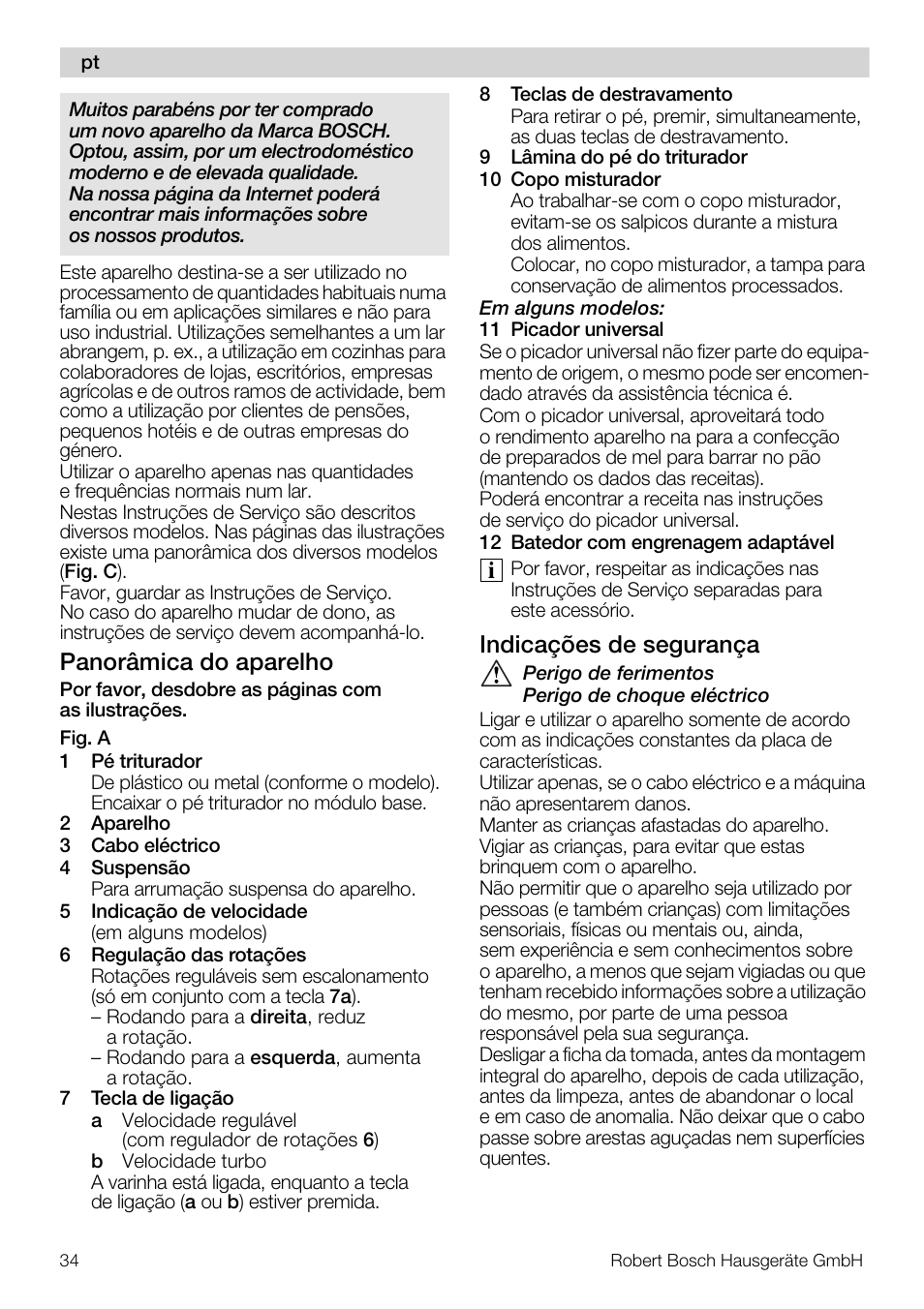 Panorâmica do aparelho, Indicações de segurança | Bosch MSM 7309 User Manual | Page 34 / 72