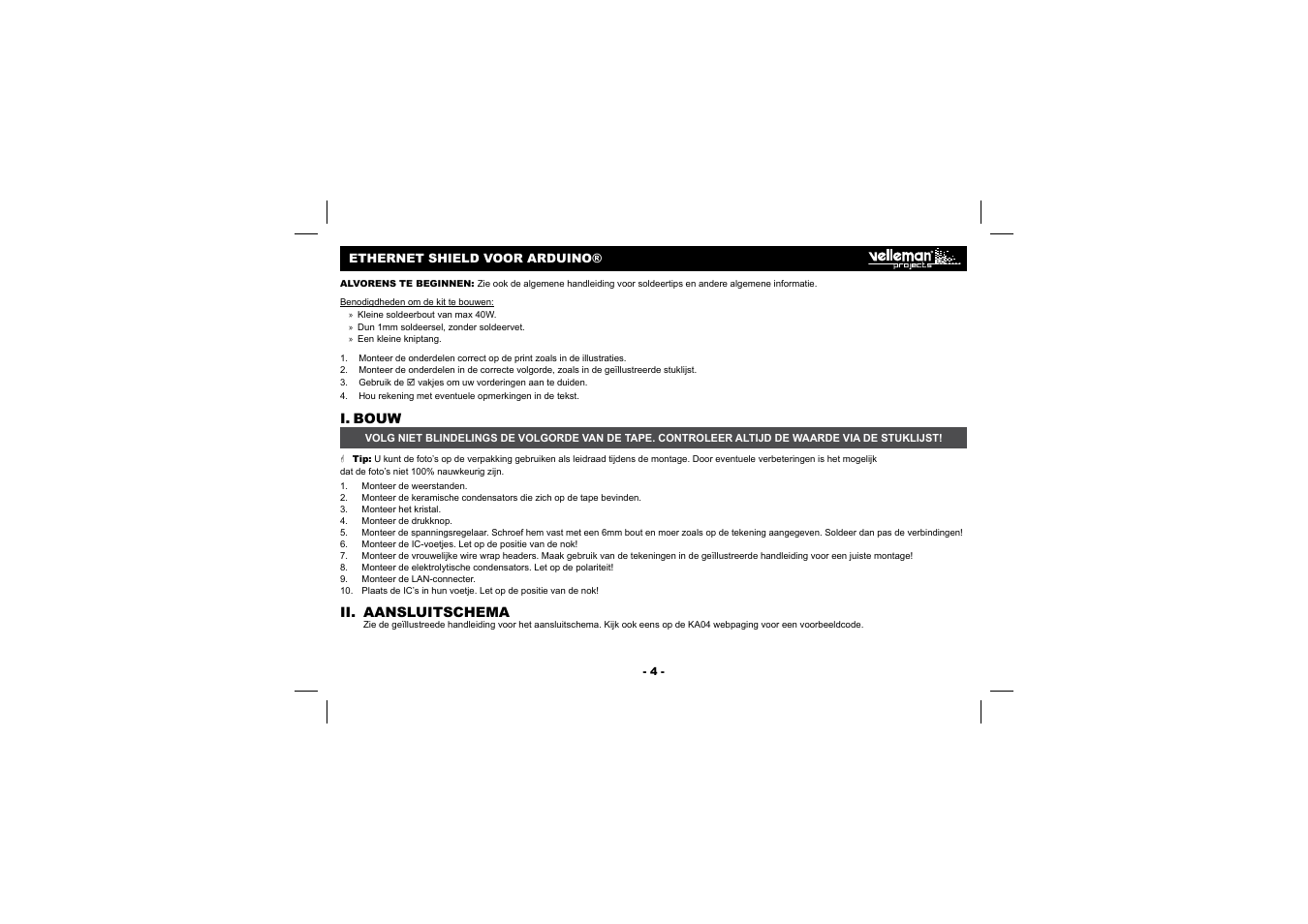 I. bouw, Ii. aansluitschema | Velleman Кa04 User Manual | Page 4 / 12
