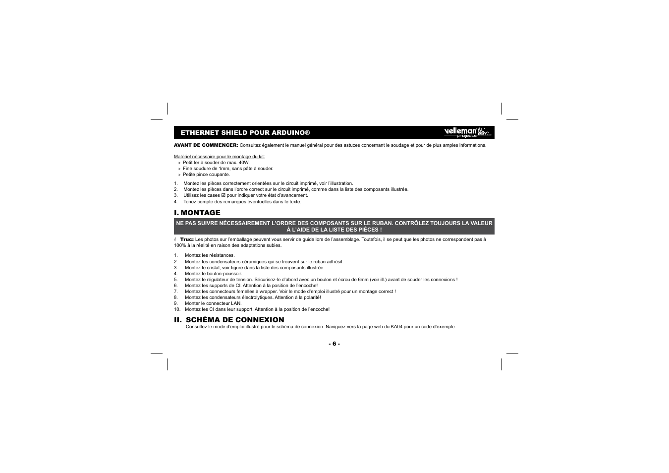 I. montage, Ii. schéma de connexion | Velleman Кa04 User Manual | Page 6 / 12