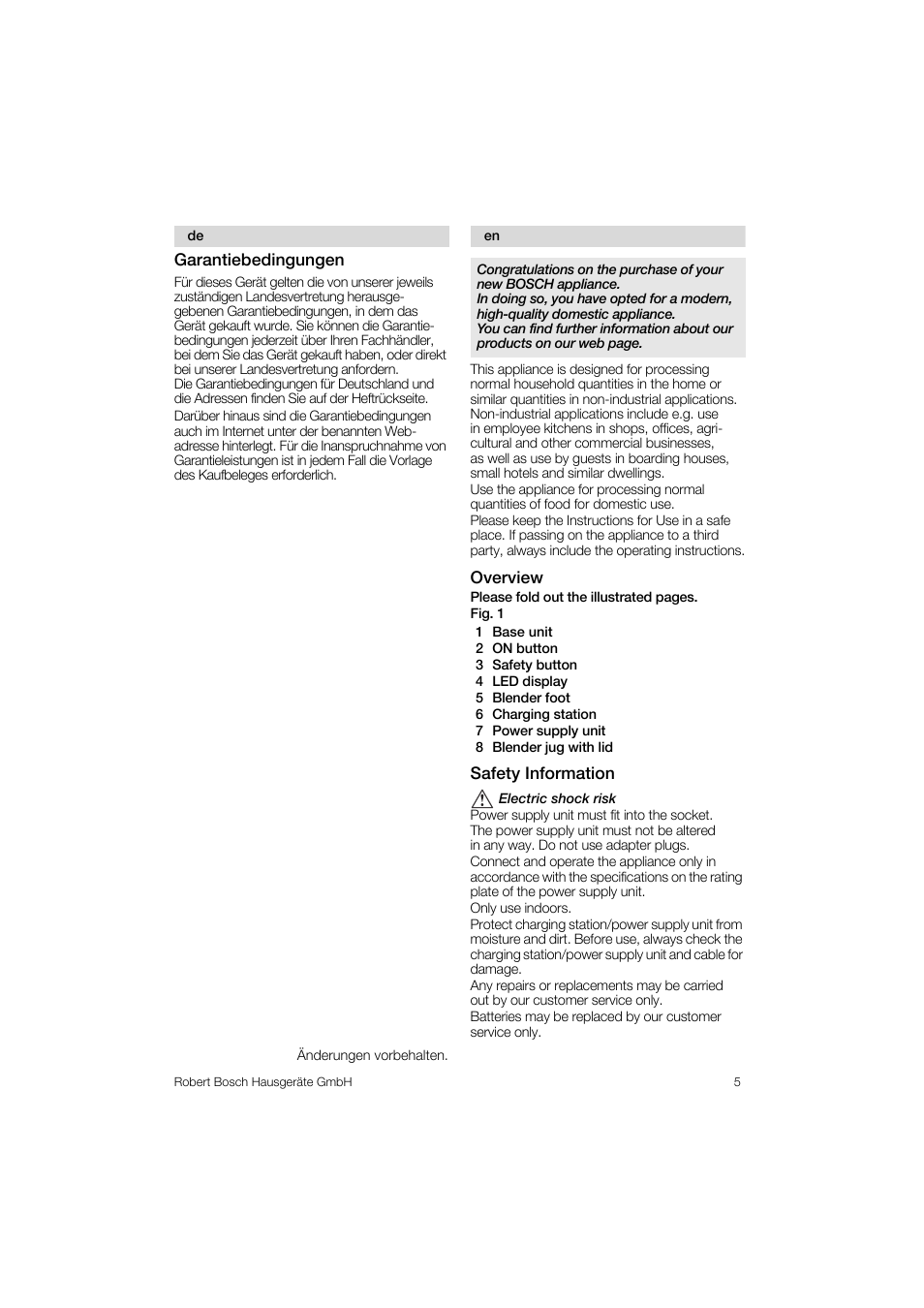 Overview, Safety information, Garantiebedingungen | Bosch MSM 6 A 14 User Manual | Page 5 / 74