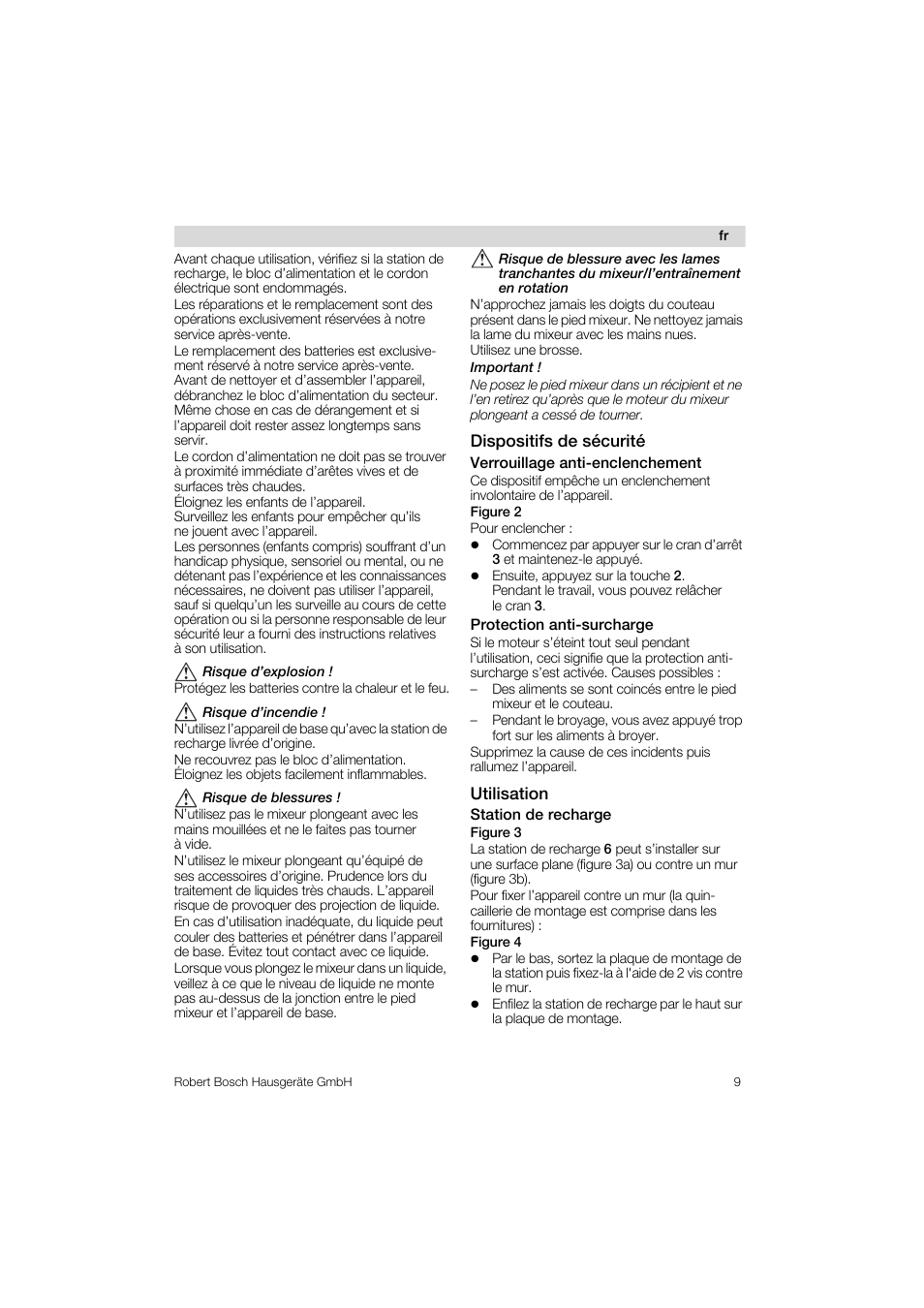 Dispositifs de sécurité, Verrouillage anti-enclenchement, Protection anti-surcharge | Utilisation station de recharge figure 3, Utilisation | Bosch MSM 6 A 14 User Manual | Page 9 / 74