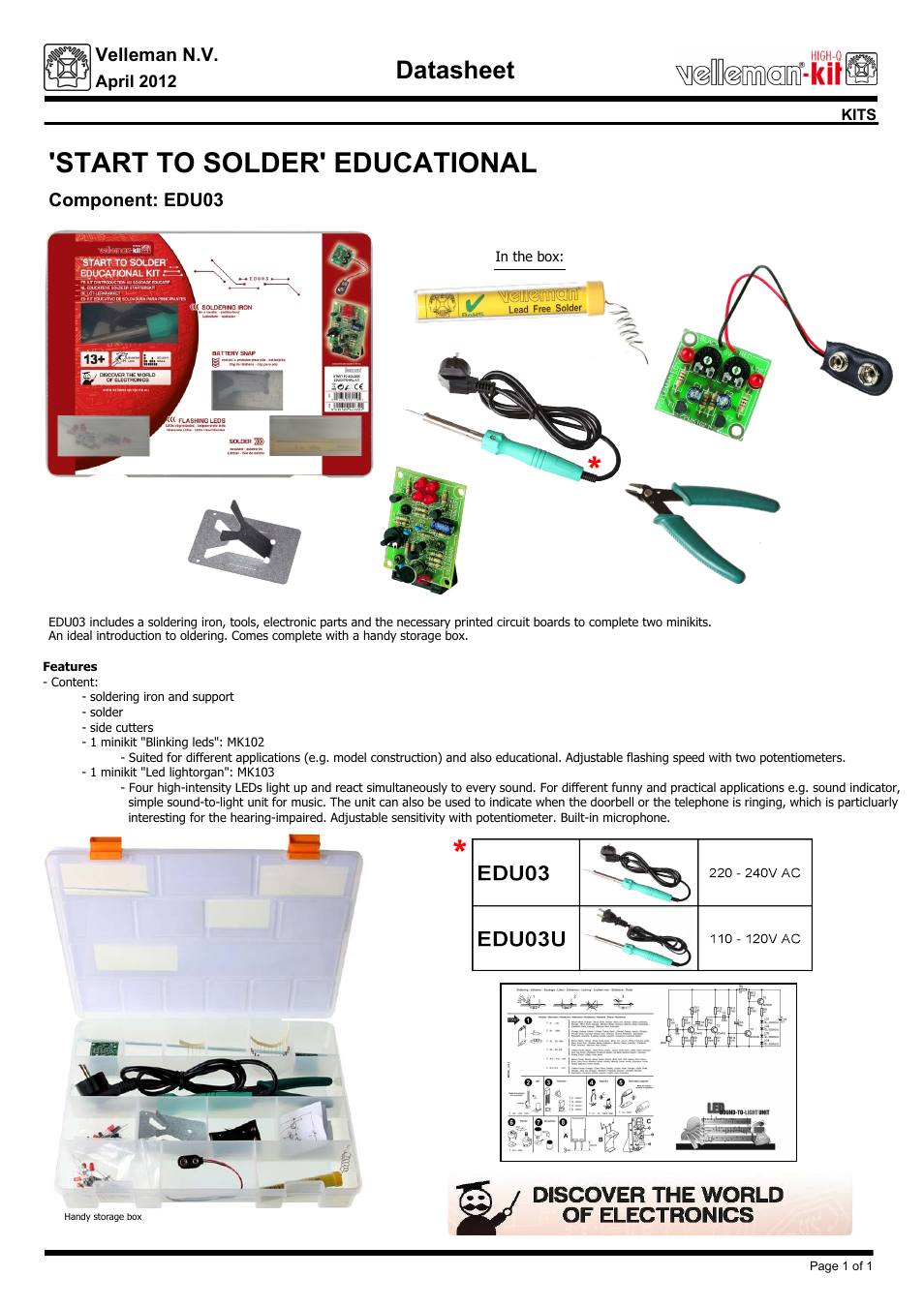 Velleman projects EDU03 Infosheet User Manual | 1 page