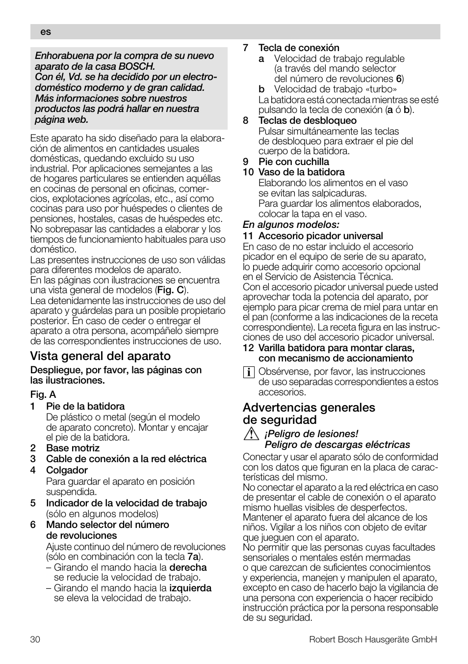 Vista general del aparato, Advertencias generales de seguridad | Bosch MSM 7382 User Manual | Page 30 / 72