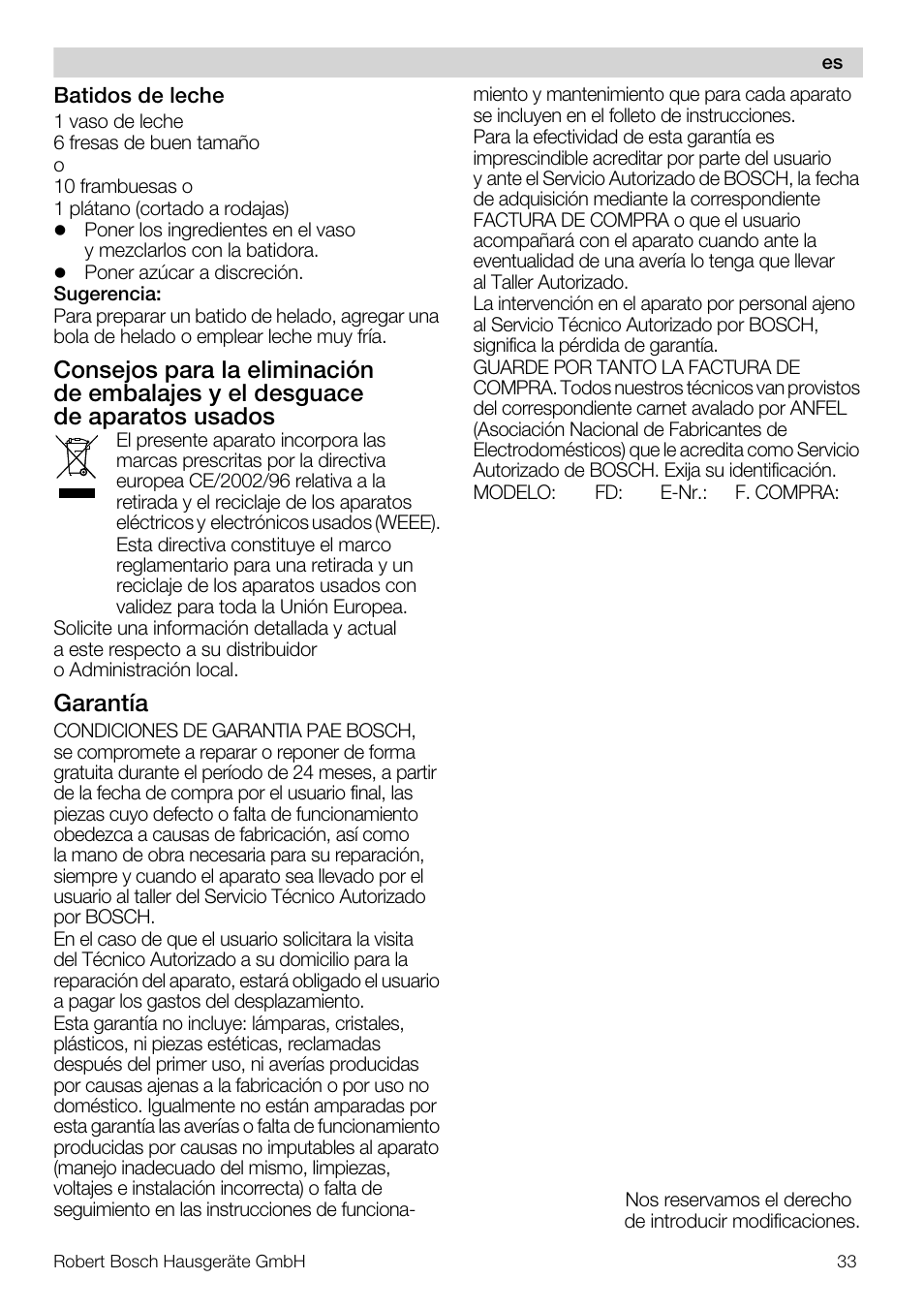 Garantía | Bosch MSM 7382 User Manual | Page 33 / 72