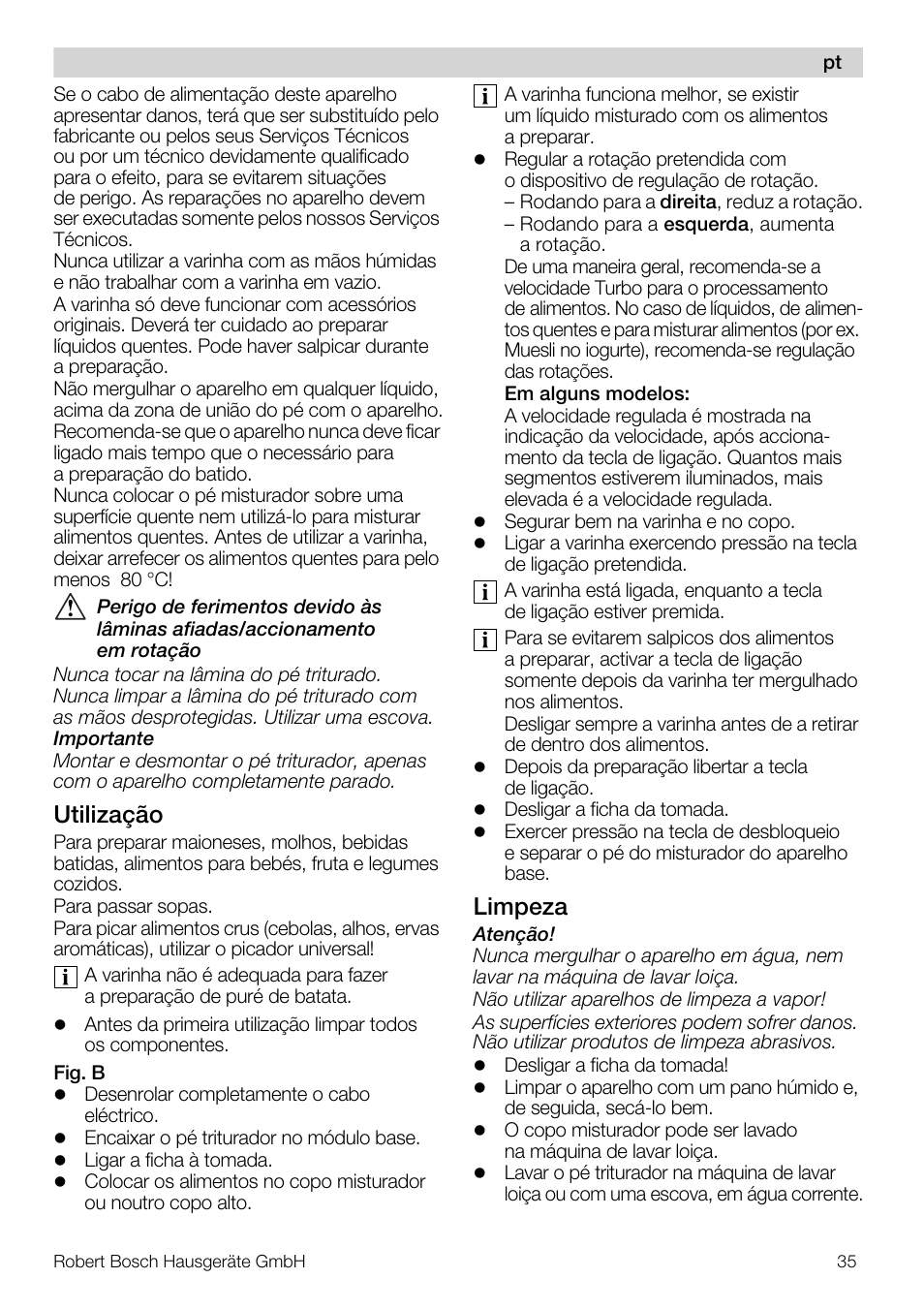 Utilização, Limpeza | Bosch MSM 7382 User Manual | Page 35 / 72