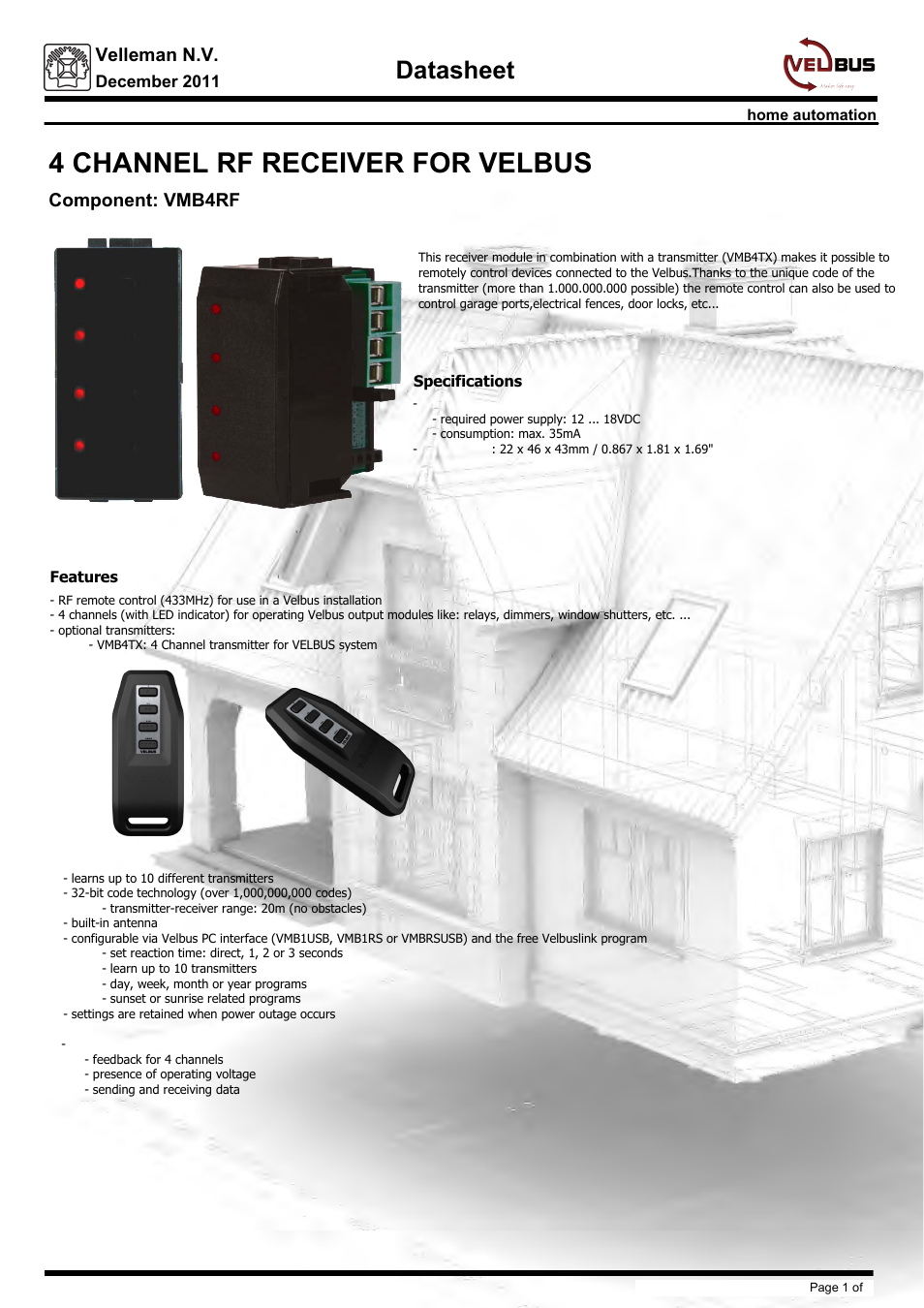 Velleman projects VMB4RF Datasheet User Manual | 1 page