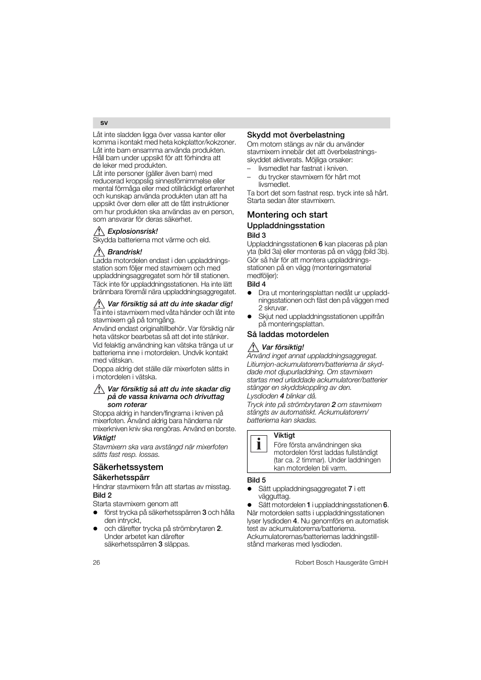 Säkerhetssystem, Säkerhetsspärr, Skydd mot överbelastning | Montering och start uppladdningsstation bild 3, Sä laddas motordelen, Bild 5, Montering och start | Bosch MSM 6 A 68 User Manual | Page 26 / 74