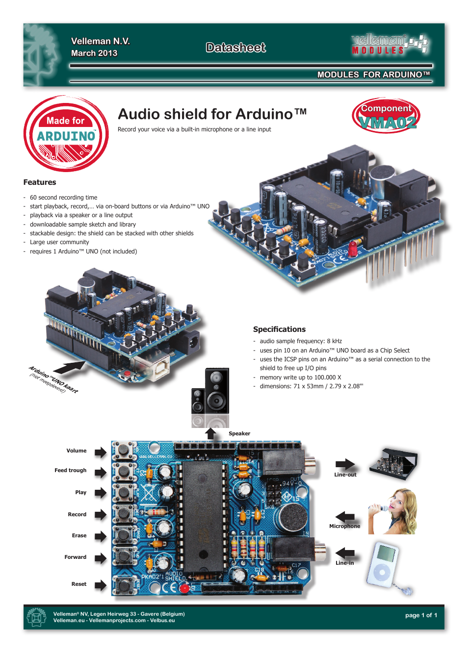 Velleman projects VMA02 Datasheet User Manual | 1 page