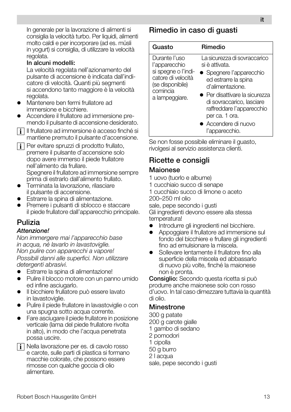 Pulizia, Rimedio in caso di guasti, Ricette e consigli | Bosch MSM 7307 User Manual | Page 13 / 72