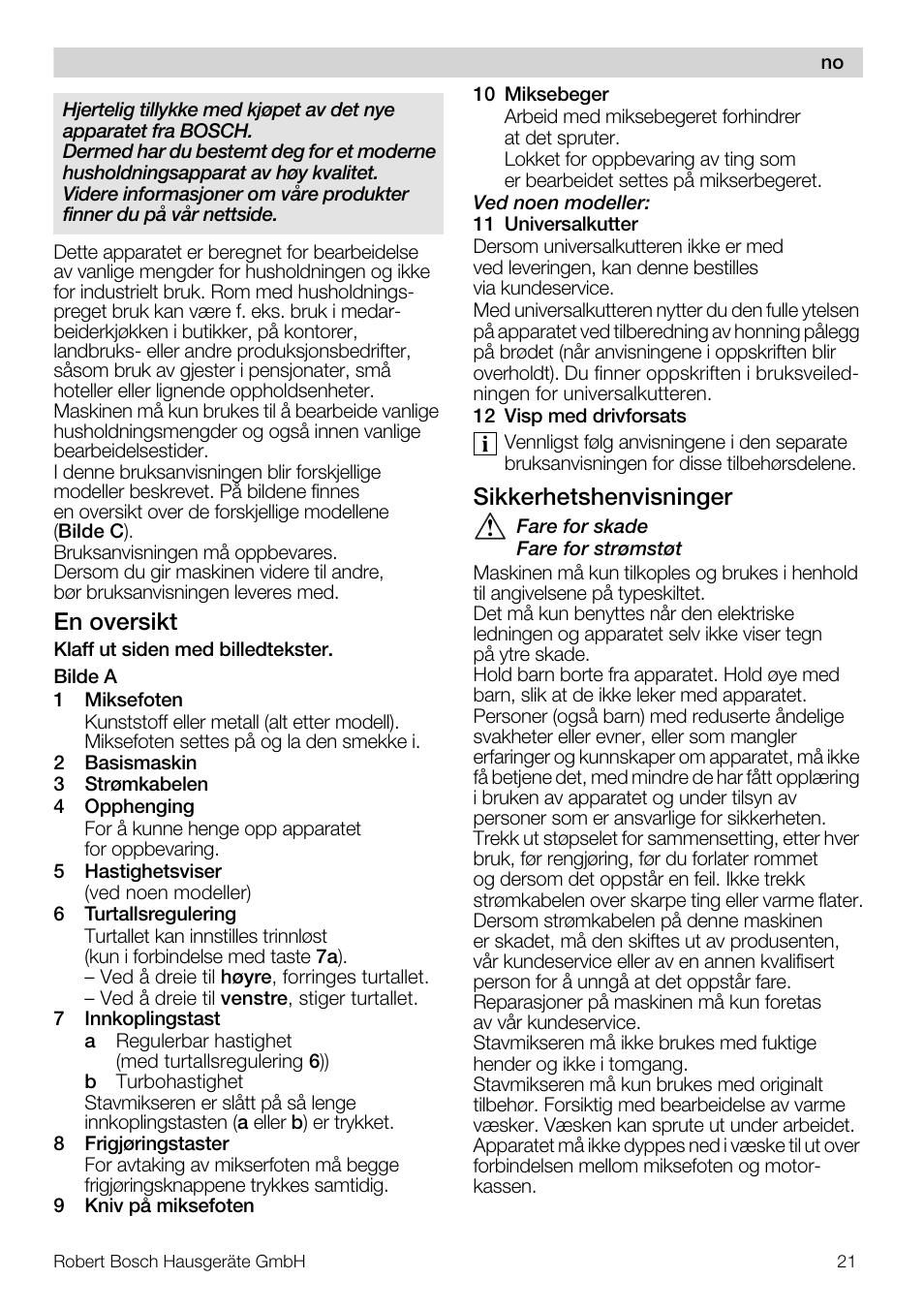 En oversikt, Sikkerhetshenvisninger | Bosch MSM 7307 User Manual | Page 21 / 72