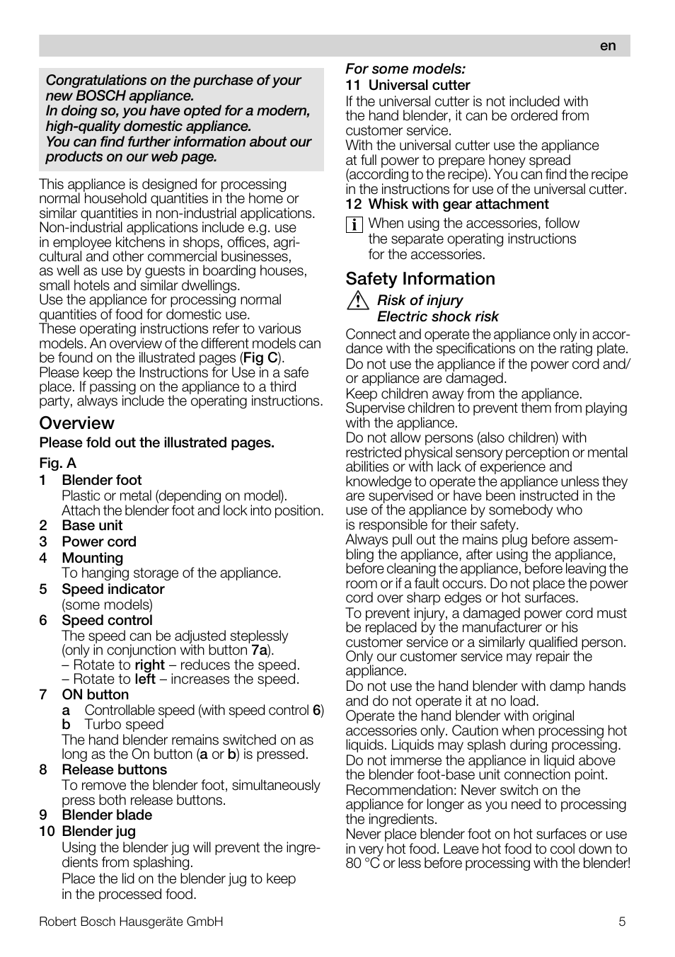 Overview, Safety information | Bosch MSM 7307 User Manual | Page 5 / 72