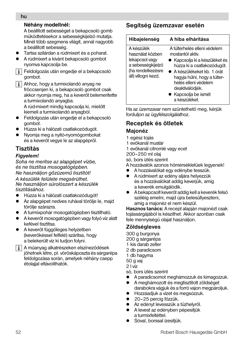 Tisztítás, Segítség üzemzavar esetén, Receptek és ötletek | Bosch MSM 7307 User Manual | Page 52 / 72