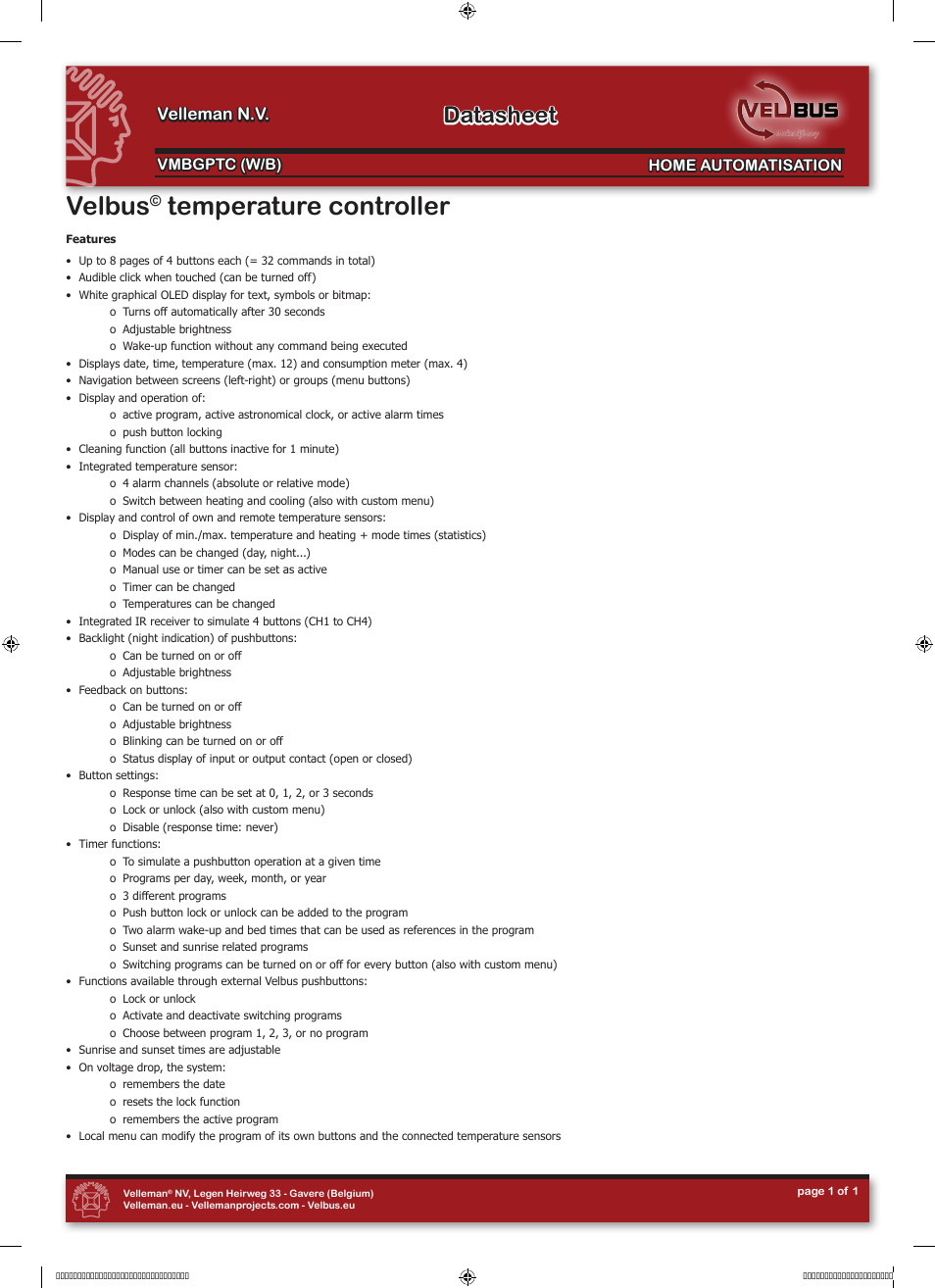 Velleman projects VMBGPTCx Datasheet User Manual | 1 page