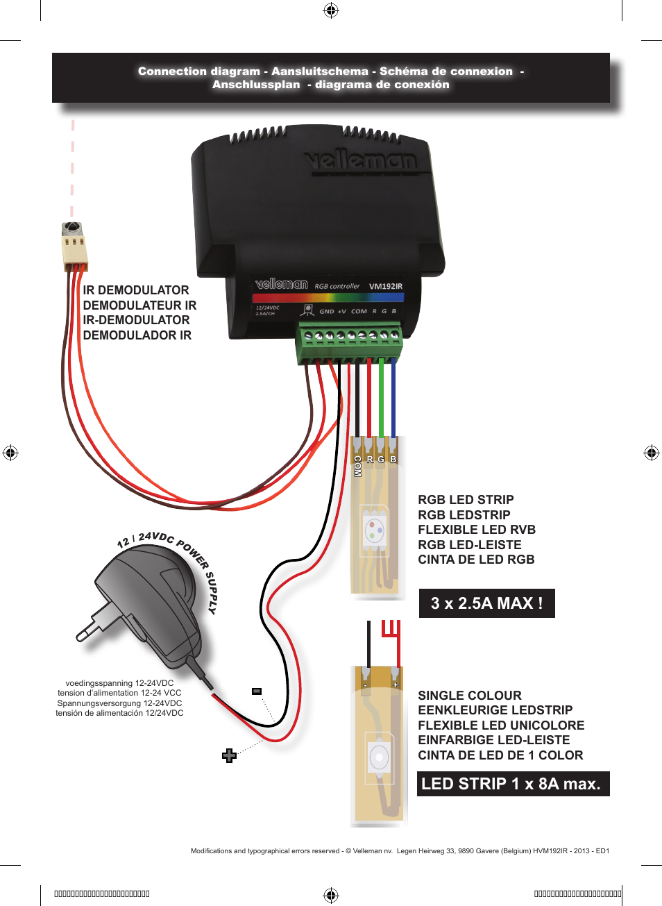 3 x 2.5a max, Led strip 1 x 8a max | Velleman VM192ir User Manual | Page 2 / 2