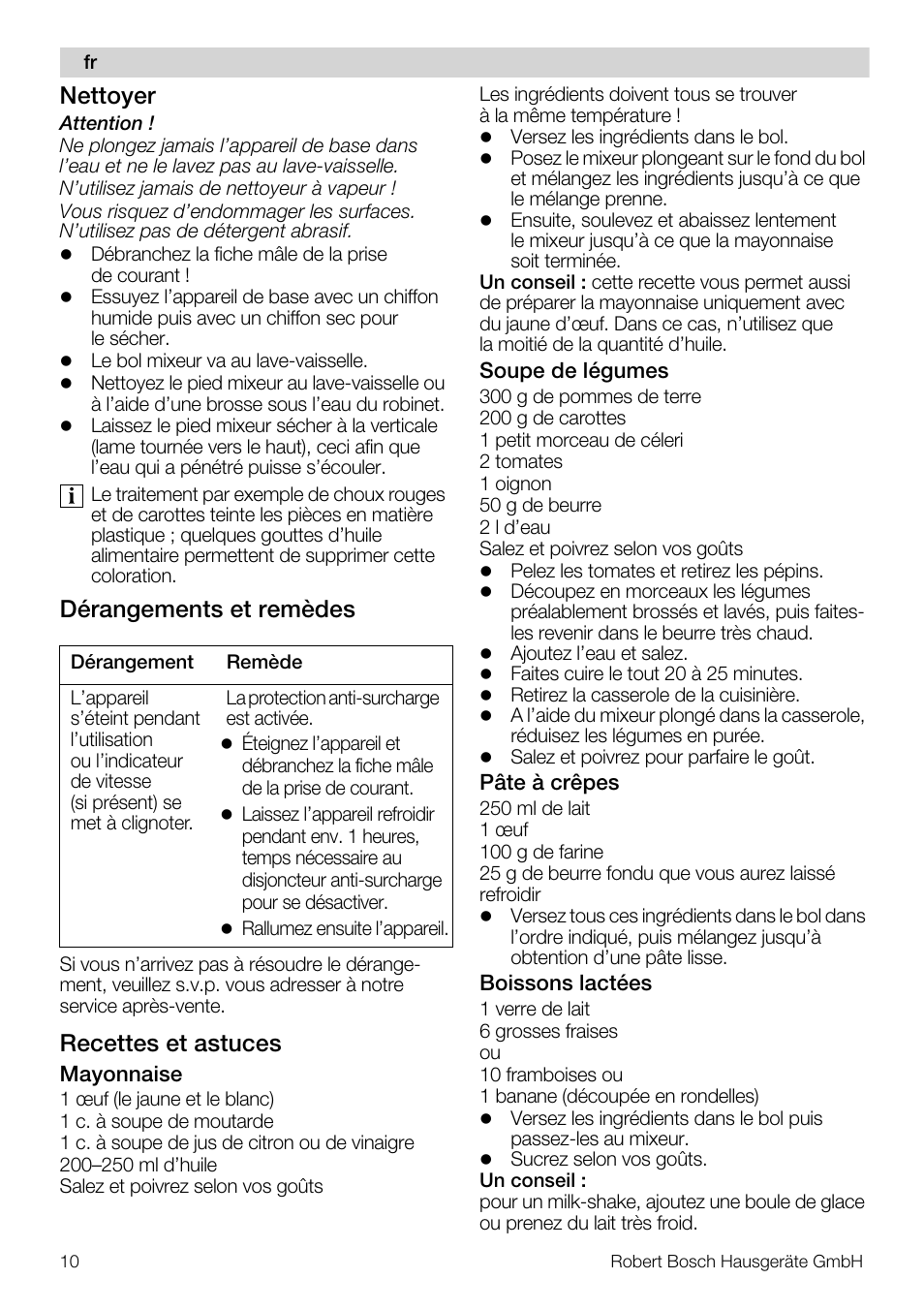 Nettoyer, Dérangements et remèdes, Recettes et astuces | Bosch MSM 7362 User Manual | Page 10 / 72