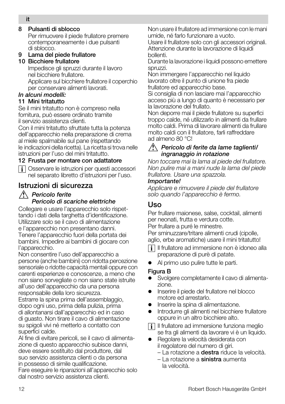 Istruzioni di sicurezza | Bosch MSM 7362 User Manual | Page 12 / 72