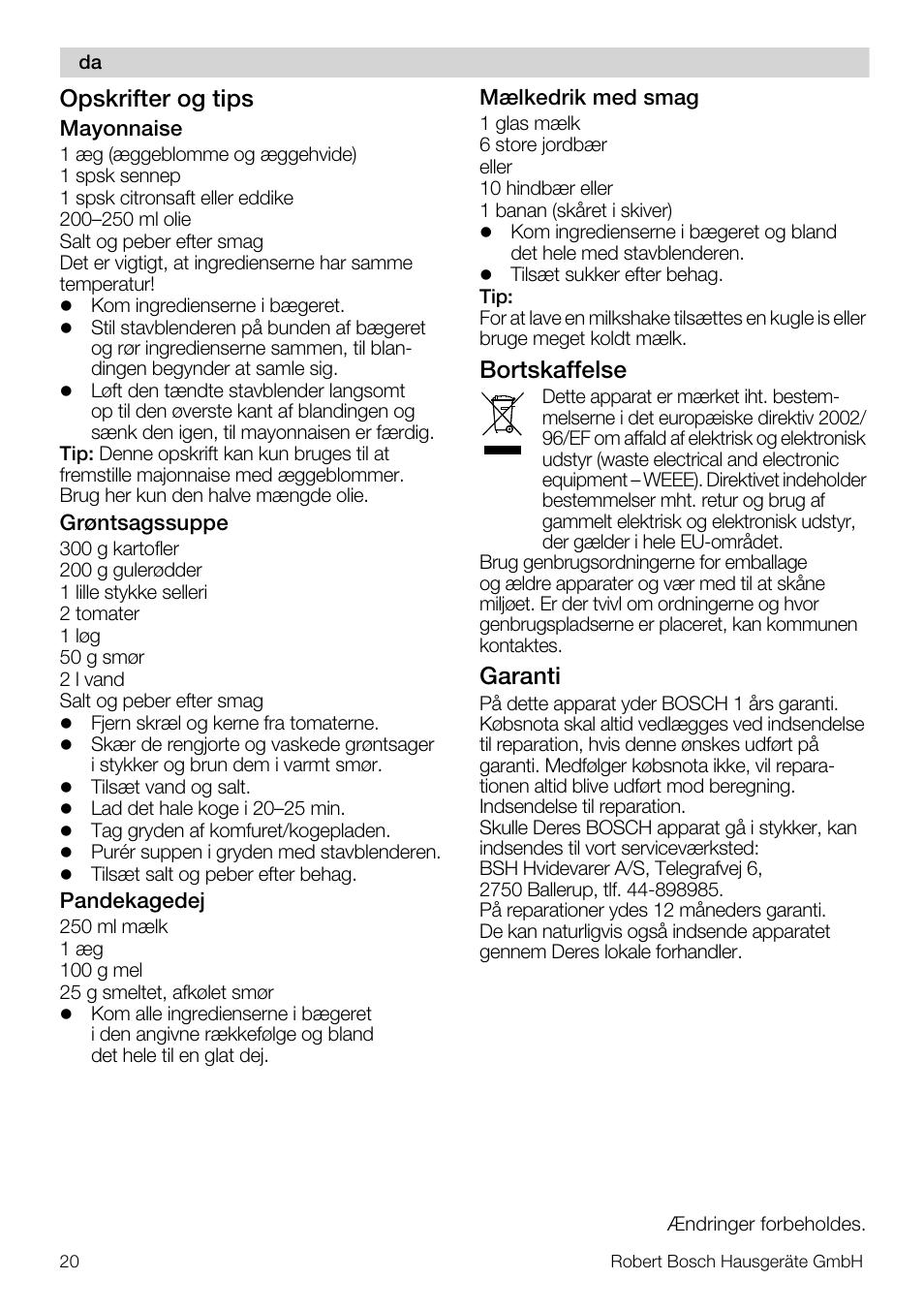 Opskrifter og tips, Bortskaffelse, Garanti | Bosch MSM 7362 User Manual | Page 20 / 72