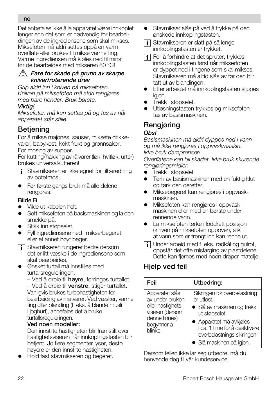 Betjening, Rengjøring, Hjelp ved feil | Bosch MSM 7362 User Manual | Page 22 / 72