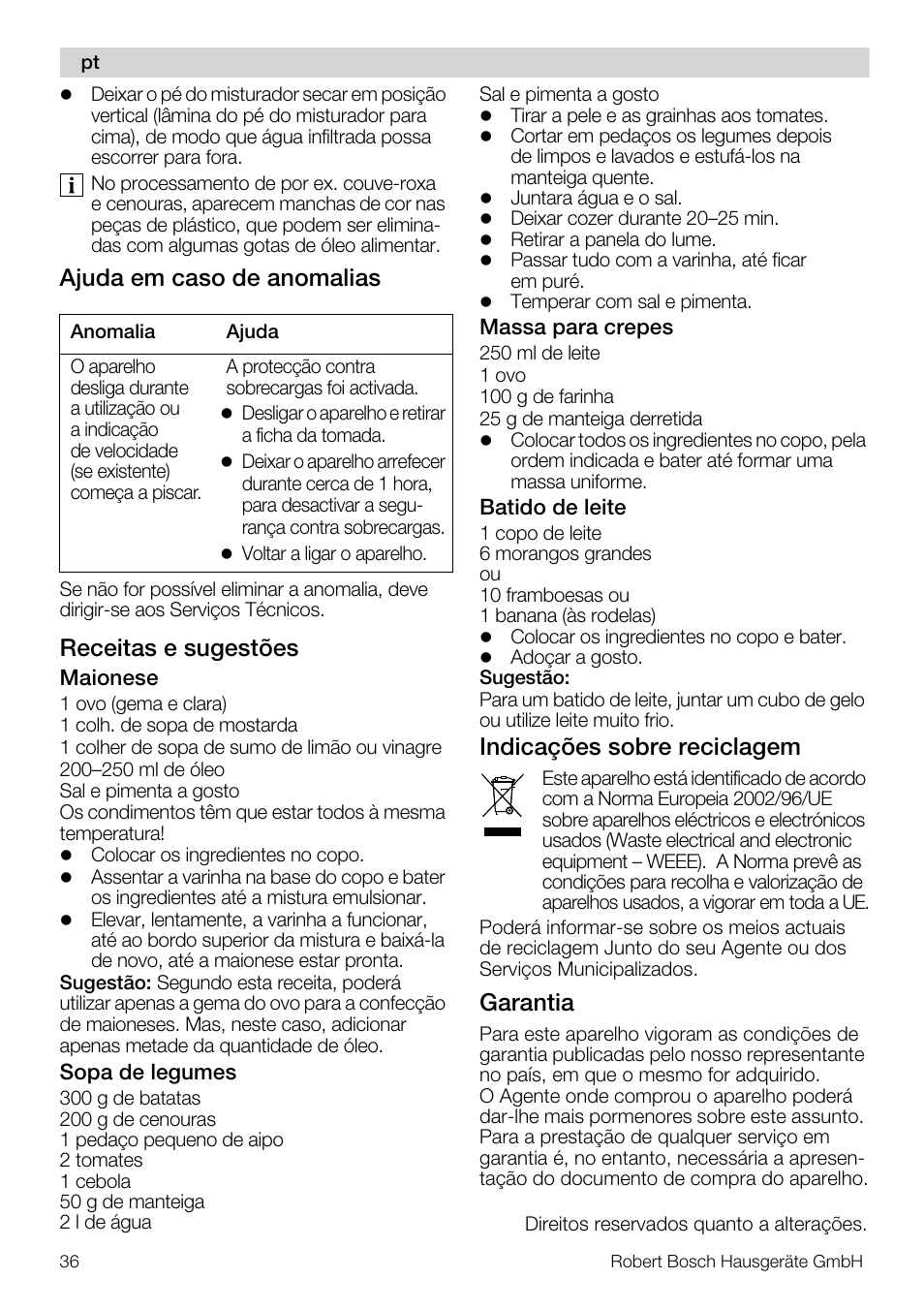 Ajuda em caso de anomalias, Receitas e sugestões, Indicações sobre reciclagem | Garantia | Bosch MSM 7362 User Manual | Page 36 / 72