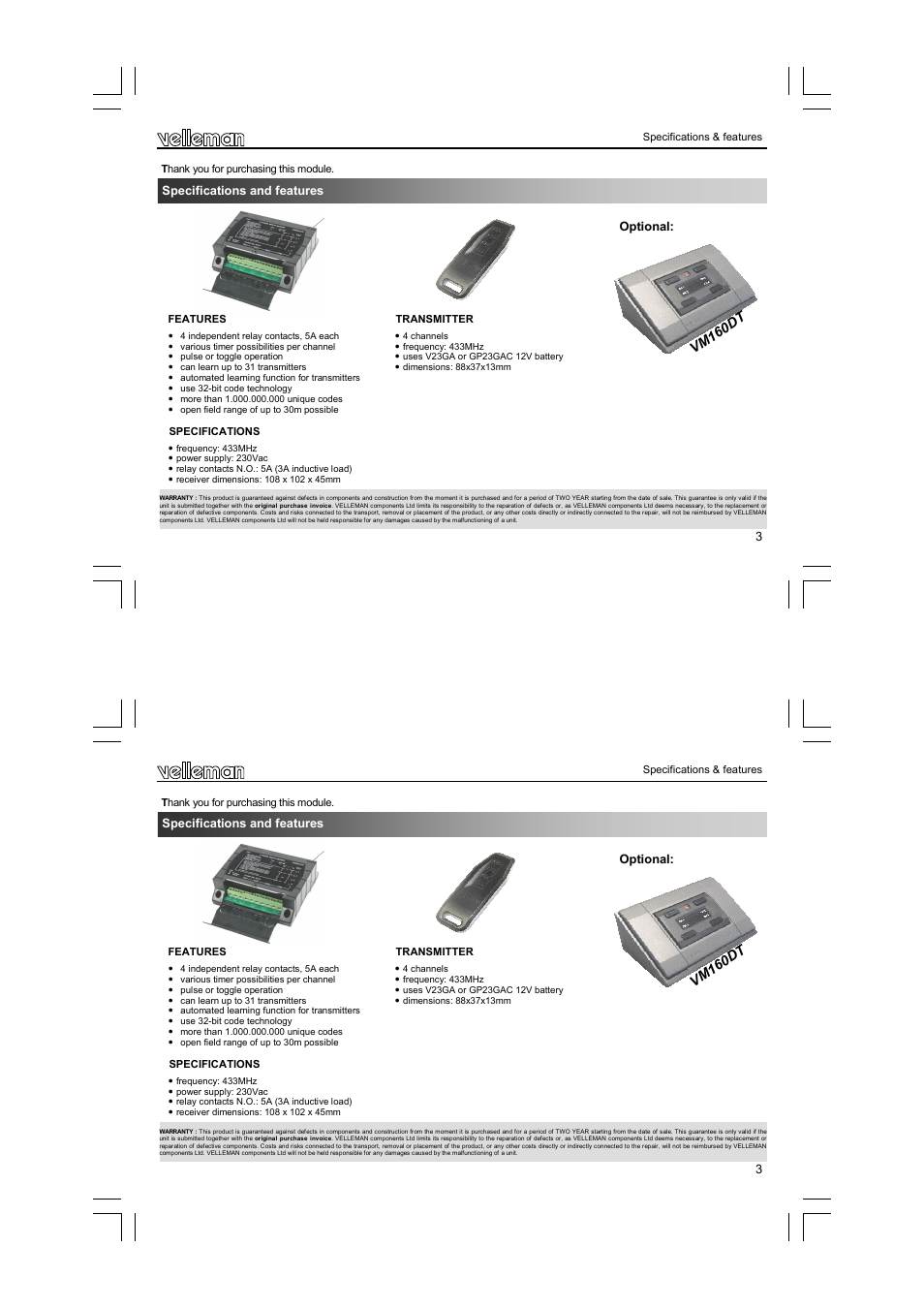 Vm 16 0d t | Velleman VM160 User Manual | Page 3 / 20