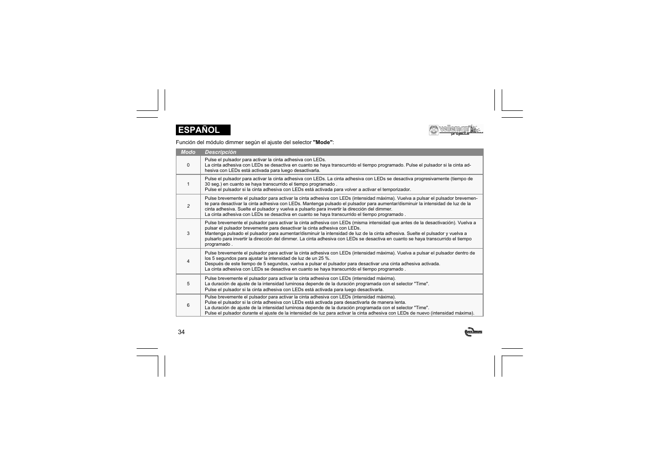 Español | Velleman projects VMB1LED Short user manual User Manual | Page 34 / 36