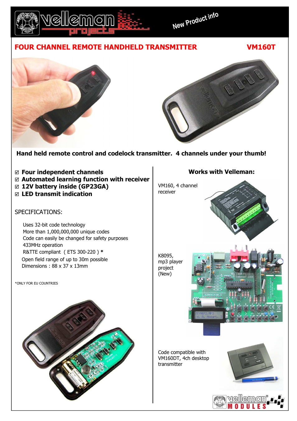 Velleman projects VM160T Datasheet User Manual | 1 page