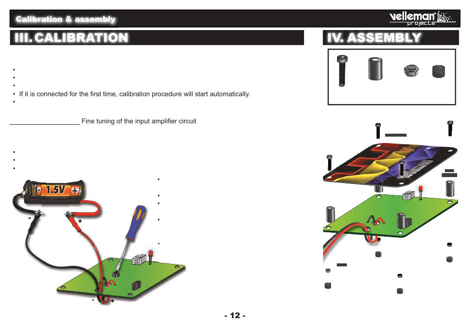 Iii. calibration, Iv. assembly | Velleman projects EDU09 Assembly instructions User Manual | Page 12 / 20