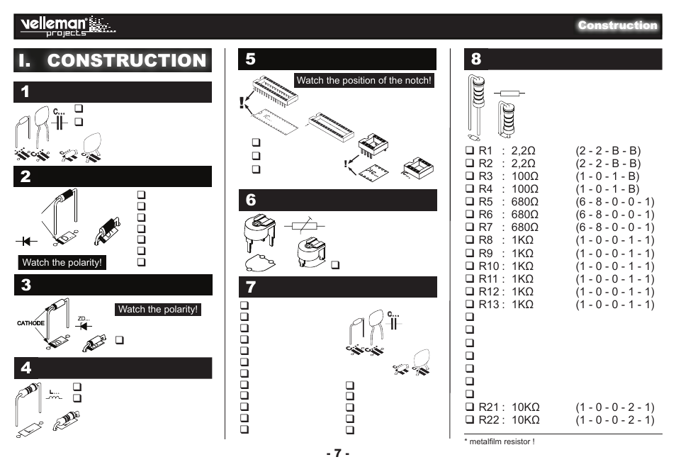 I. construction, Vertical resistors, Ic socket | Ceramic capacitors, Diodes, Zenerdiode, Choke, Trimmer | Velleman projects EDU09 Assembly instructions User Manual | Page 7 / 20