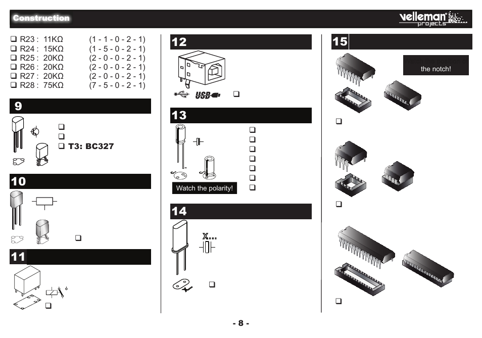 Electrolytic capacitors, Transistors, Usb connector | Ic’s, Voltage regulator, Relay switch, Quartz crystal | Velleman projects EDU09 Assembly instructions User Manual | Page 8 / 20