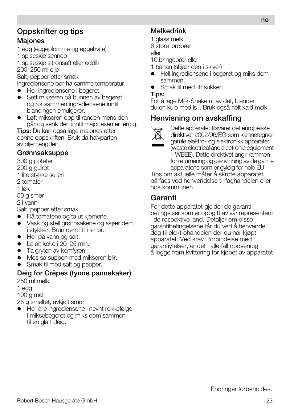 Oppskrifter og tips, Henvisning om avskaffing, Garanti | Bosch MSM 7394 User Manual | Page 23 / 72