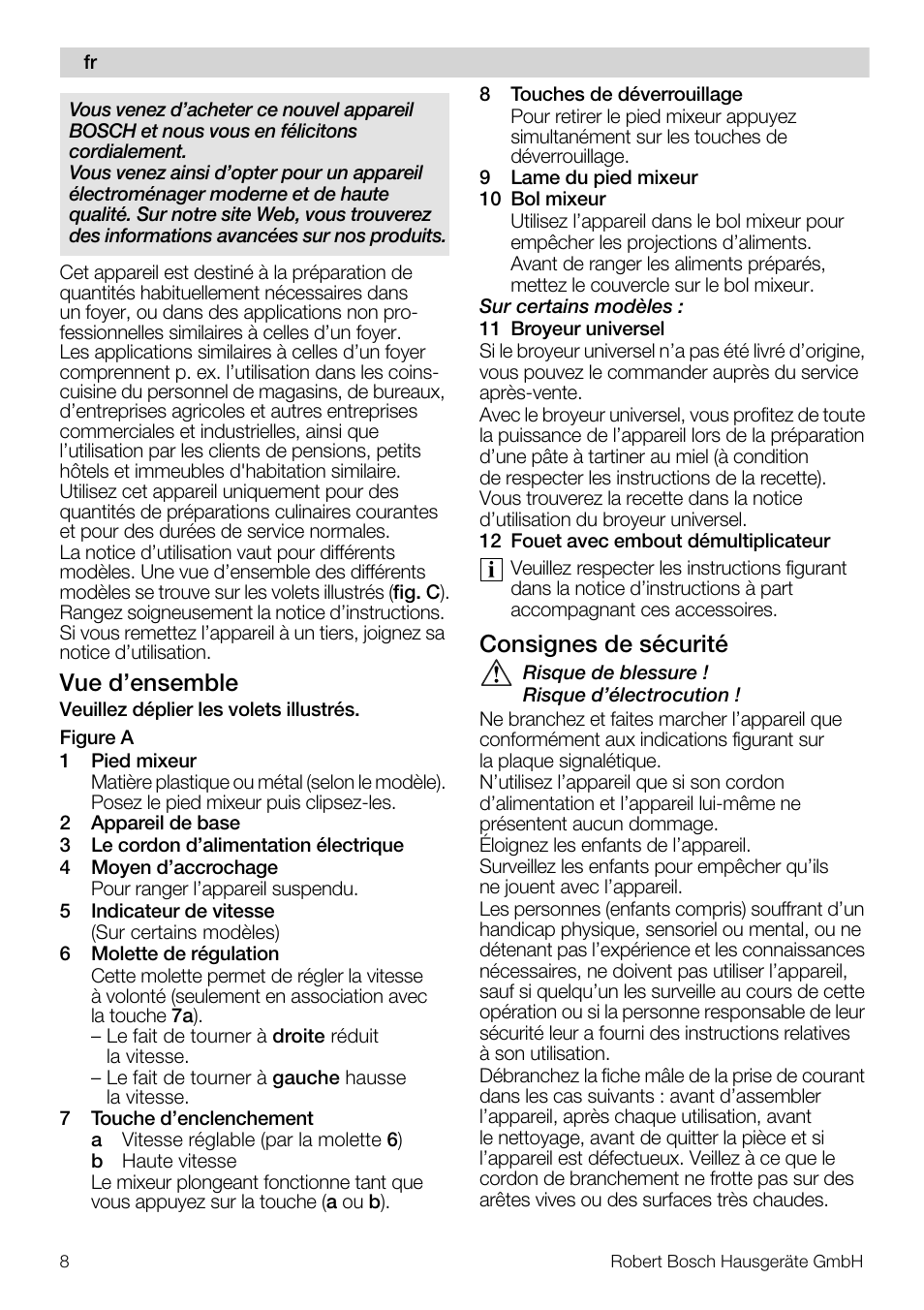 Vue d’ensemble, Consignes de sécurité | Bosch MSM 7394 User Manual | Page 8 / 72