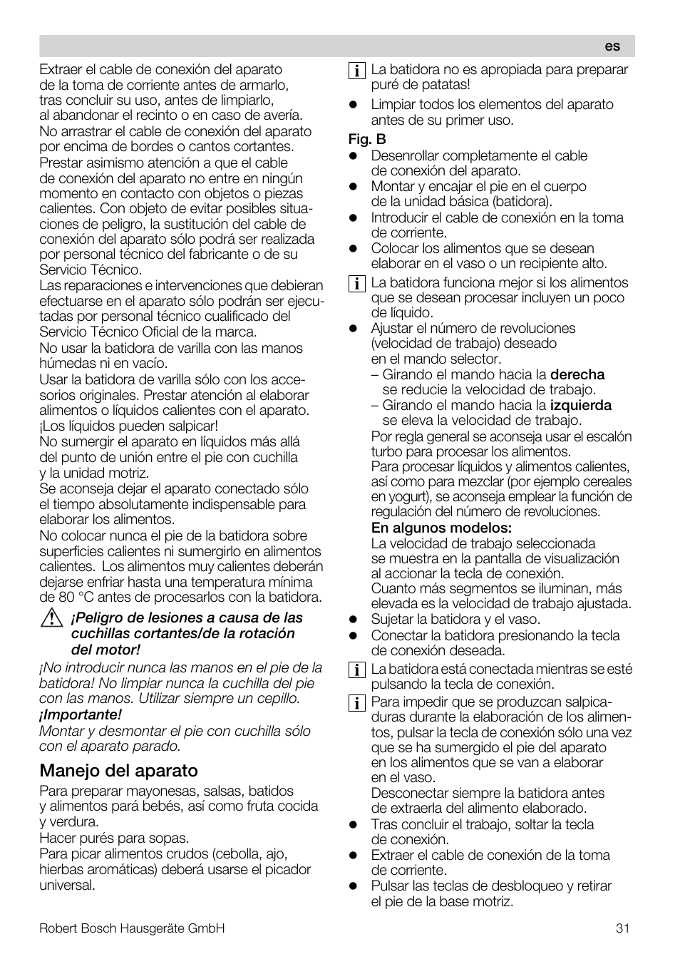 Manejo del aparato | Bosch MSM 7409 User Manual | Page 31 / 72