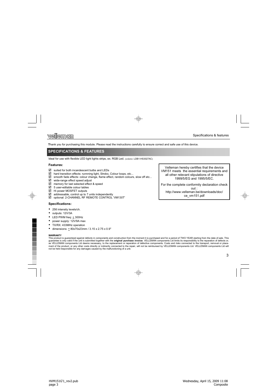 Velleman VM151 User Manual | Page 3 / 32