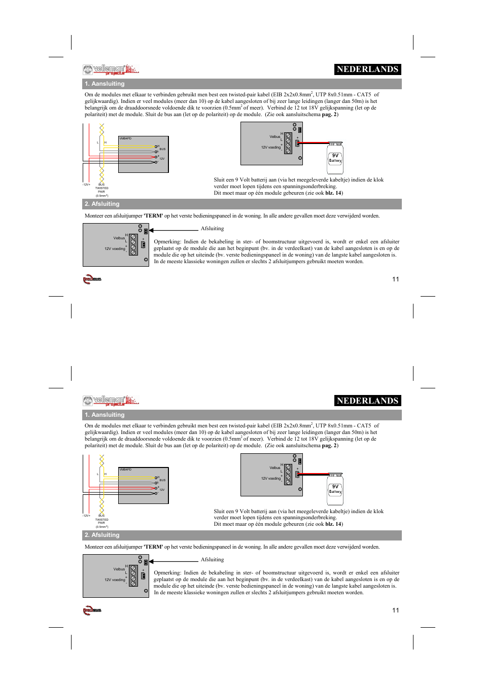 Nederlands, Afsluiting, Aansluiting | Velleman projects VMB4PD Short user manual User Manual | Page 11 / 48
