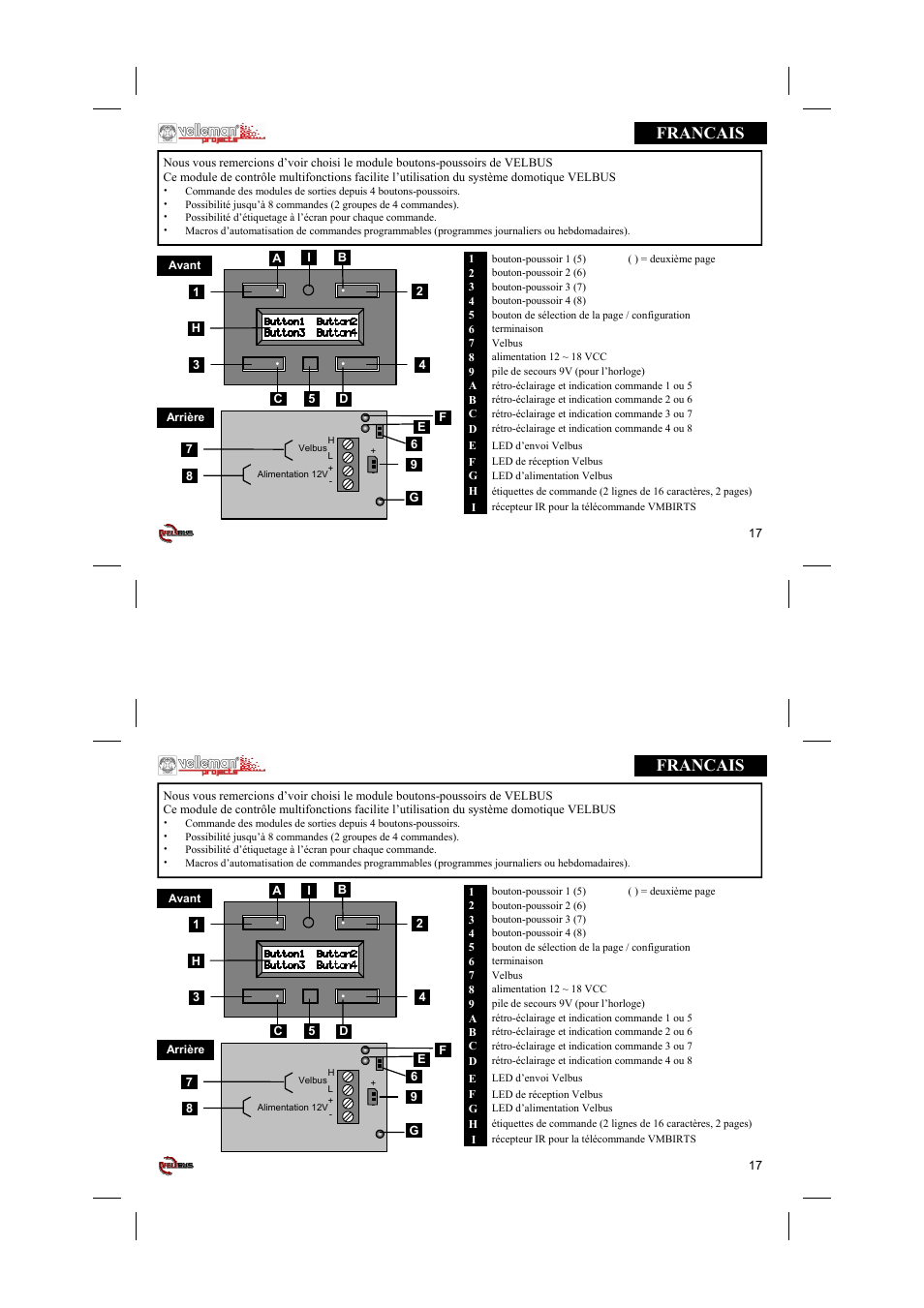Francais | Velleman projects VMB4PD Short user manual User Manual | Page 17 / 48