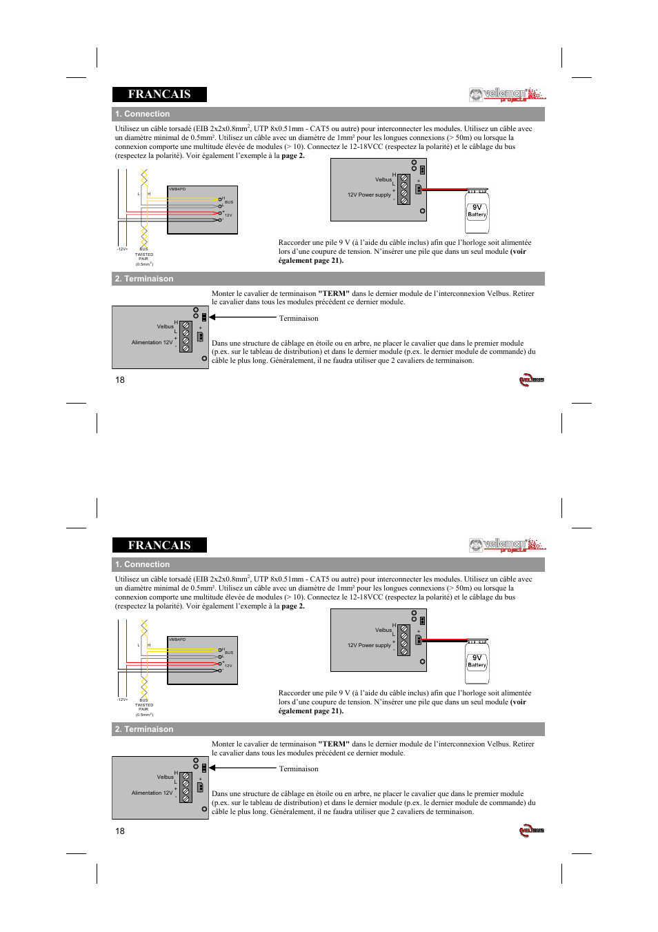 Francais, Terminaison, Connection | Velleman projects VMB4PD Short user manual User Manual | Page 18 / 48