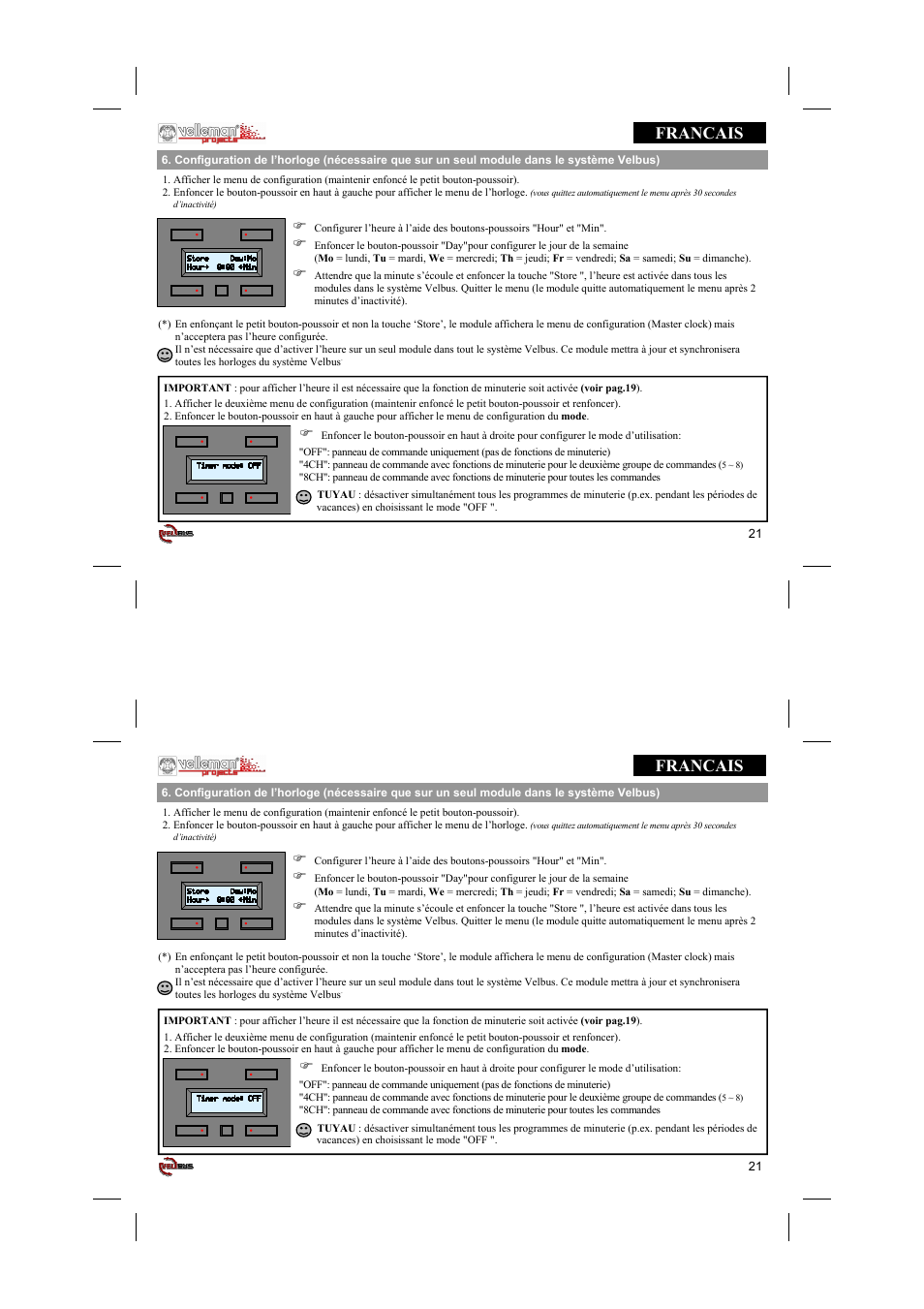 Francais | Velleman projects VMB4PD Short user manual User Manual | Page 21 / 48