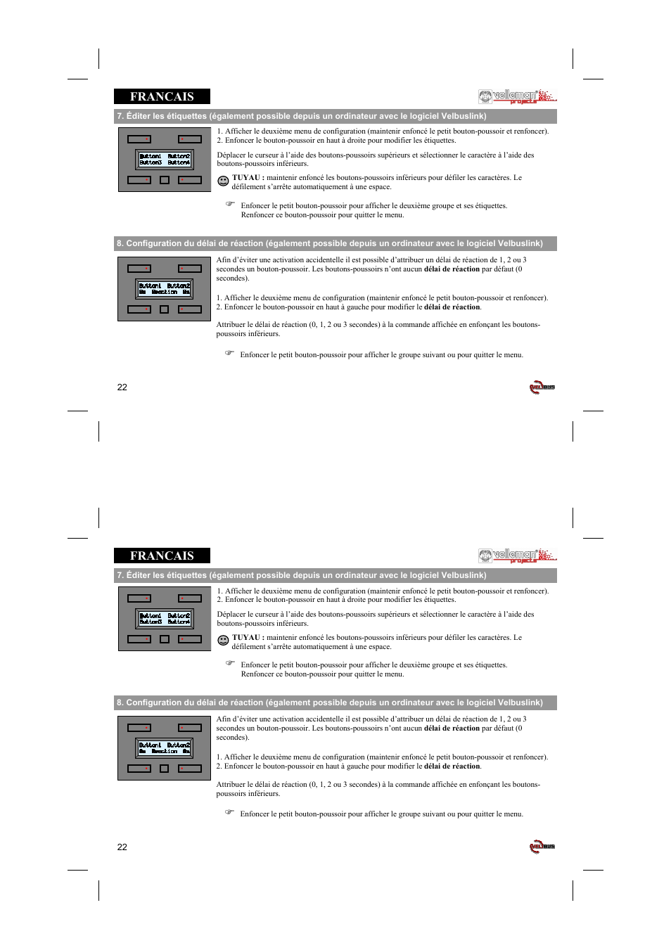 Francais | Velleman projects VMB4PD Short user manual User Manual | Page 22 / 48