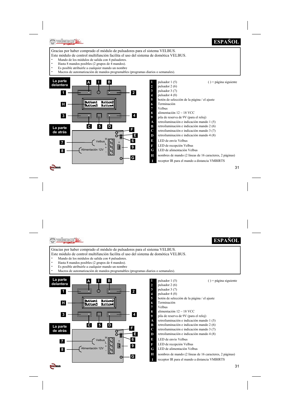 Español | Velleman projects VMB4PD Short user manual User Manual | Page 31 / 48