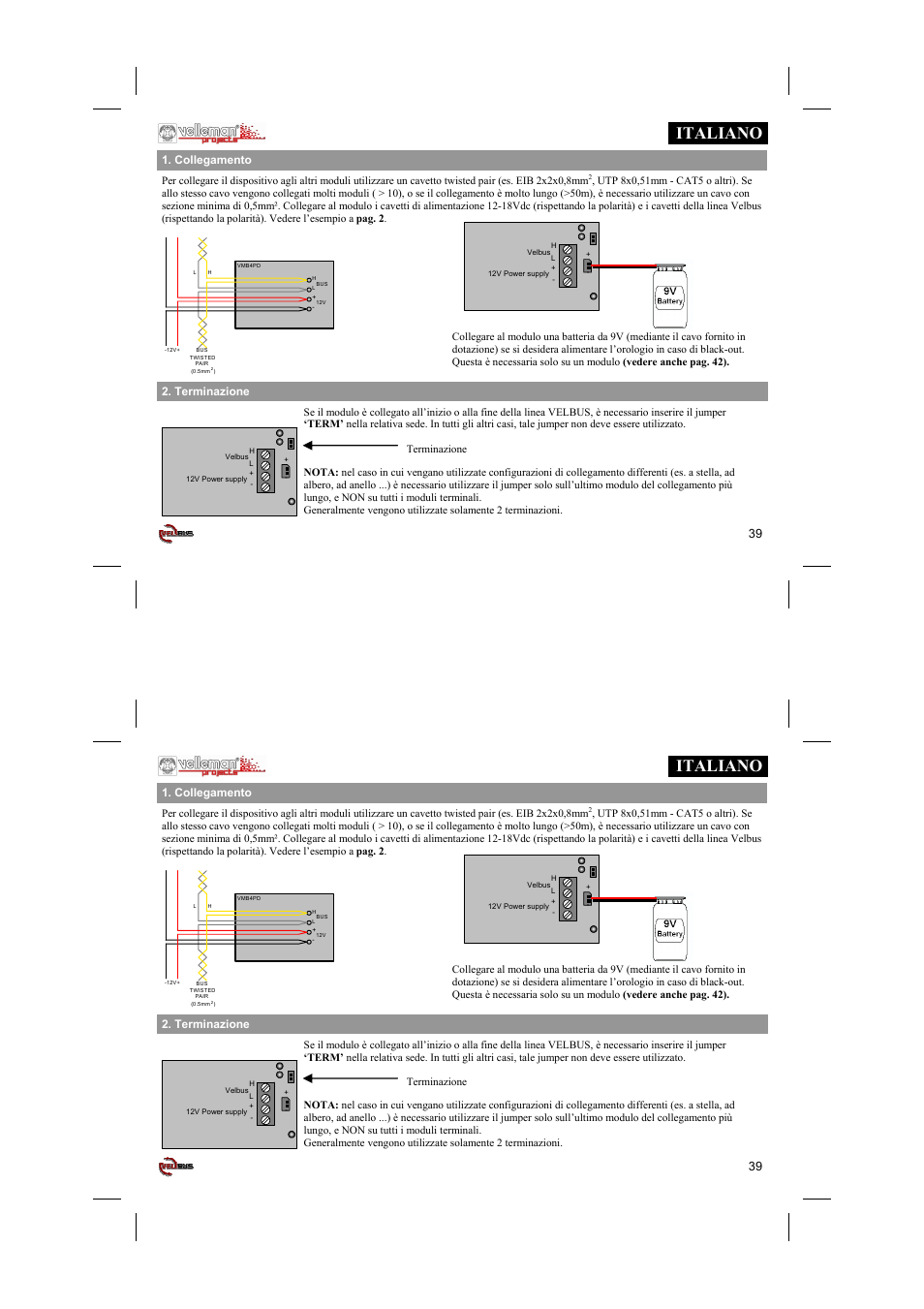 Italiano, Terminazione, Collegamento | Velleman projects VMB4PD Short user manual User Manual | Page 39 / 48