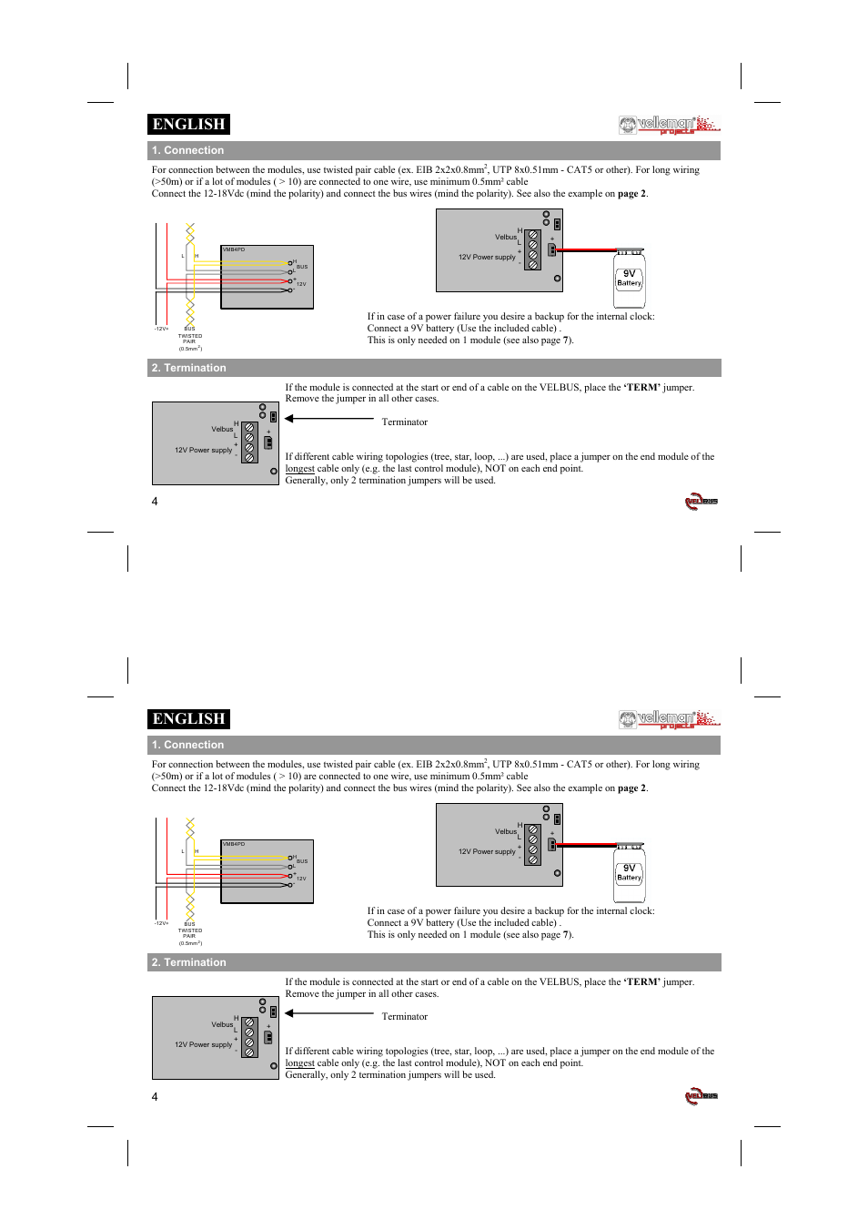English, Termination, Connection | Velleman projects VMB4PD Short user manual User Manual | Page 4 / 48